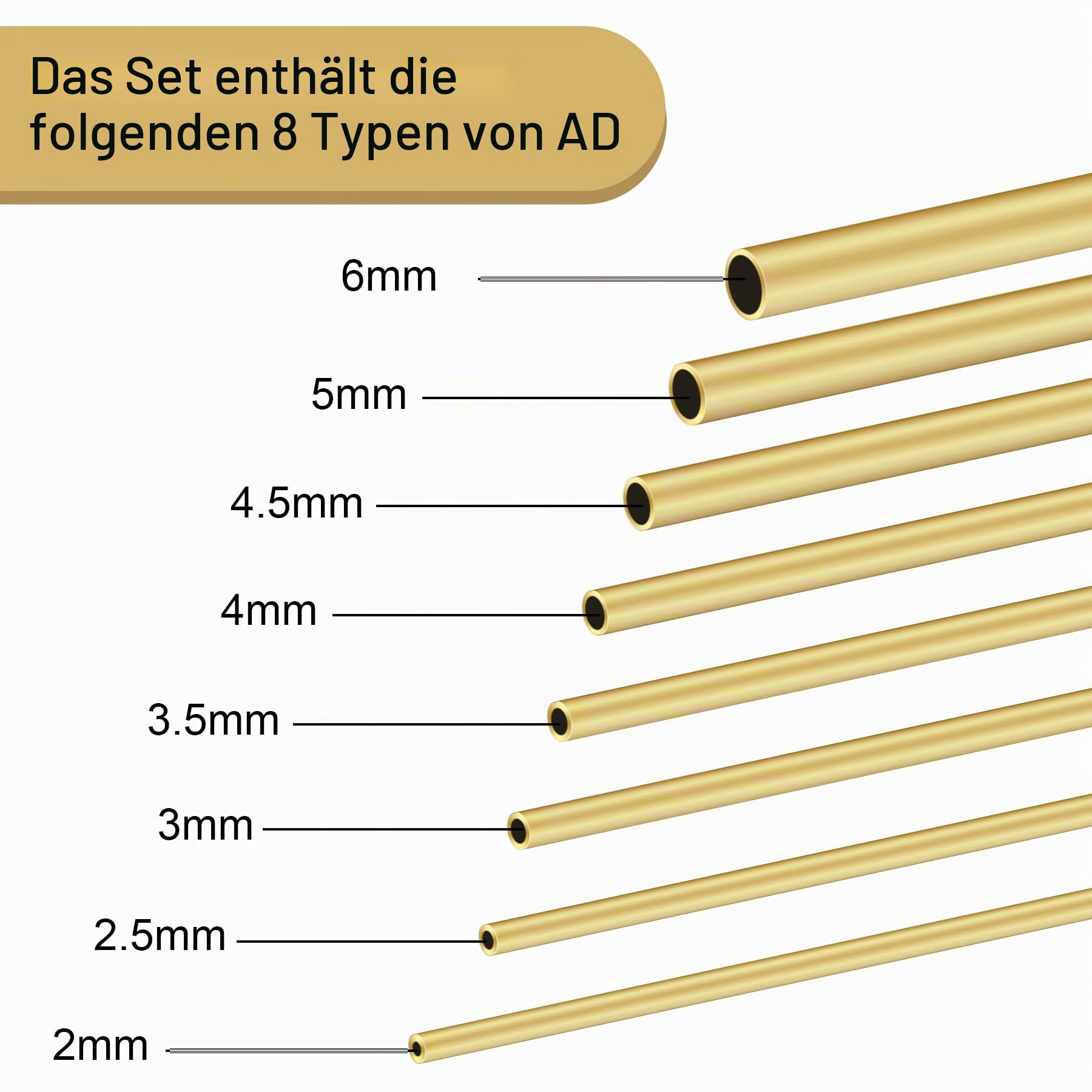 Messingrohr-Set, 8-teilig, nahtlos, gerade, 2 mm, 2,5 mm, 3 mm, 3,5 mm, 4 mm, 4,5 mm, 5 mm, 6 mm Außendurchmesser x 0,5 mm Wandstärke, 200 mm Länge, Messingrohrrohre