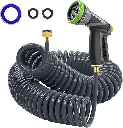 Manguera de bobina, manguera de jardín de bobina EVA de 38 pulgadas de 25 pies, manguera de agua rizada ligera con conectores de latón, manguera de