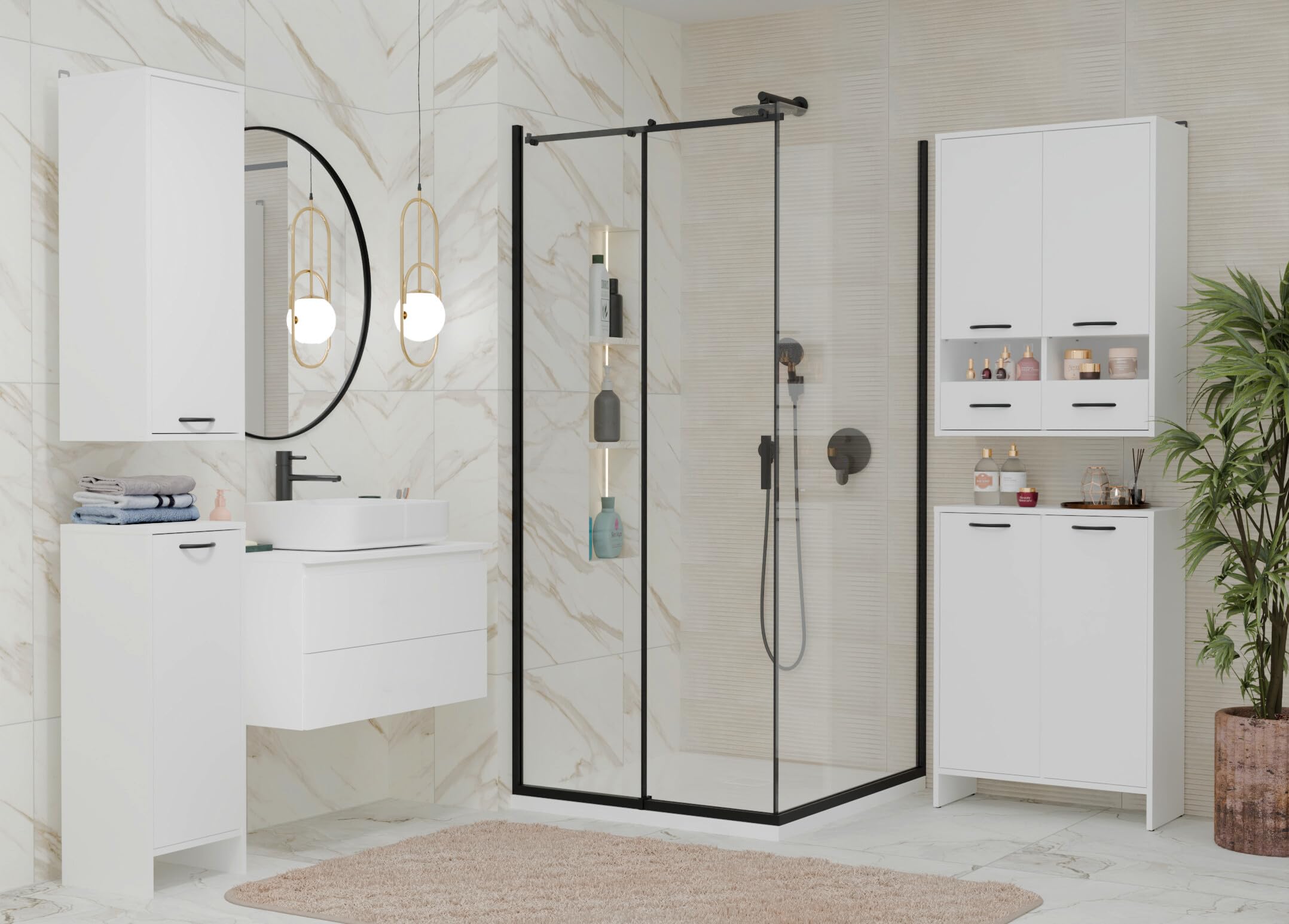 ARREDO DA CASA Pensile Bagno Sospeso Moderno 35x90x30 cm, 1 Anta con 3 Vani Interni e Maniglia Nera, Mobile Sospeso Bagno in Nobilitato, Mobiletto Bagno e Lavanderia, Bianco Opaco, PBT3