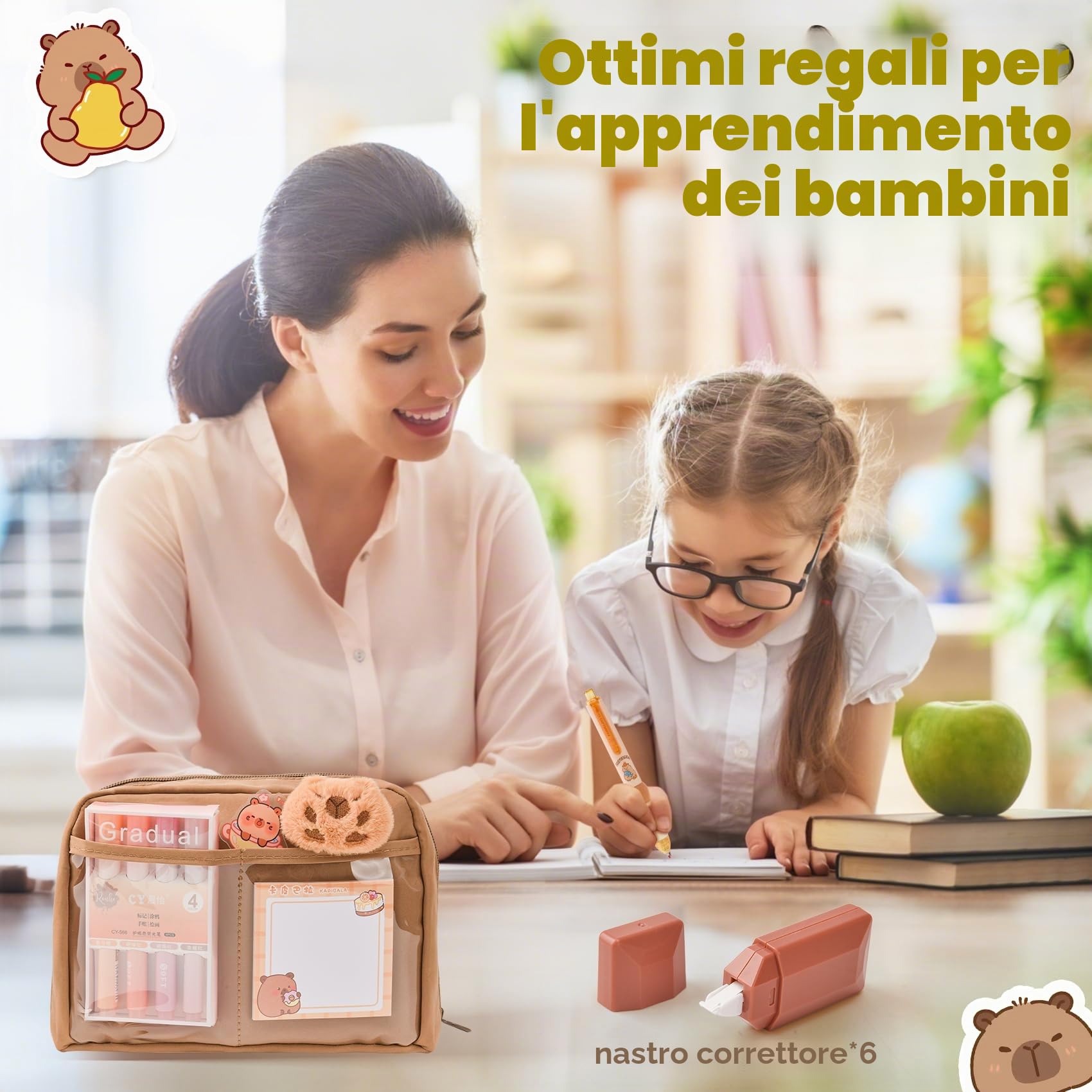 Capybara - Kit Scuola Capibara – Set Regalo Carino per Bambini & Studenti, Include Penne, Clip, Righelli – Organizzato per Scuola, Ufficio, Arte