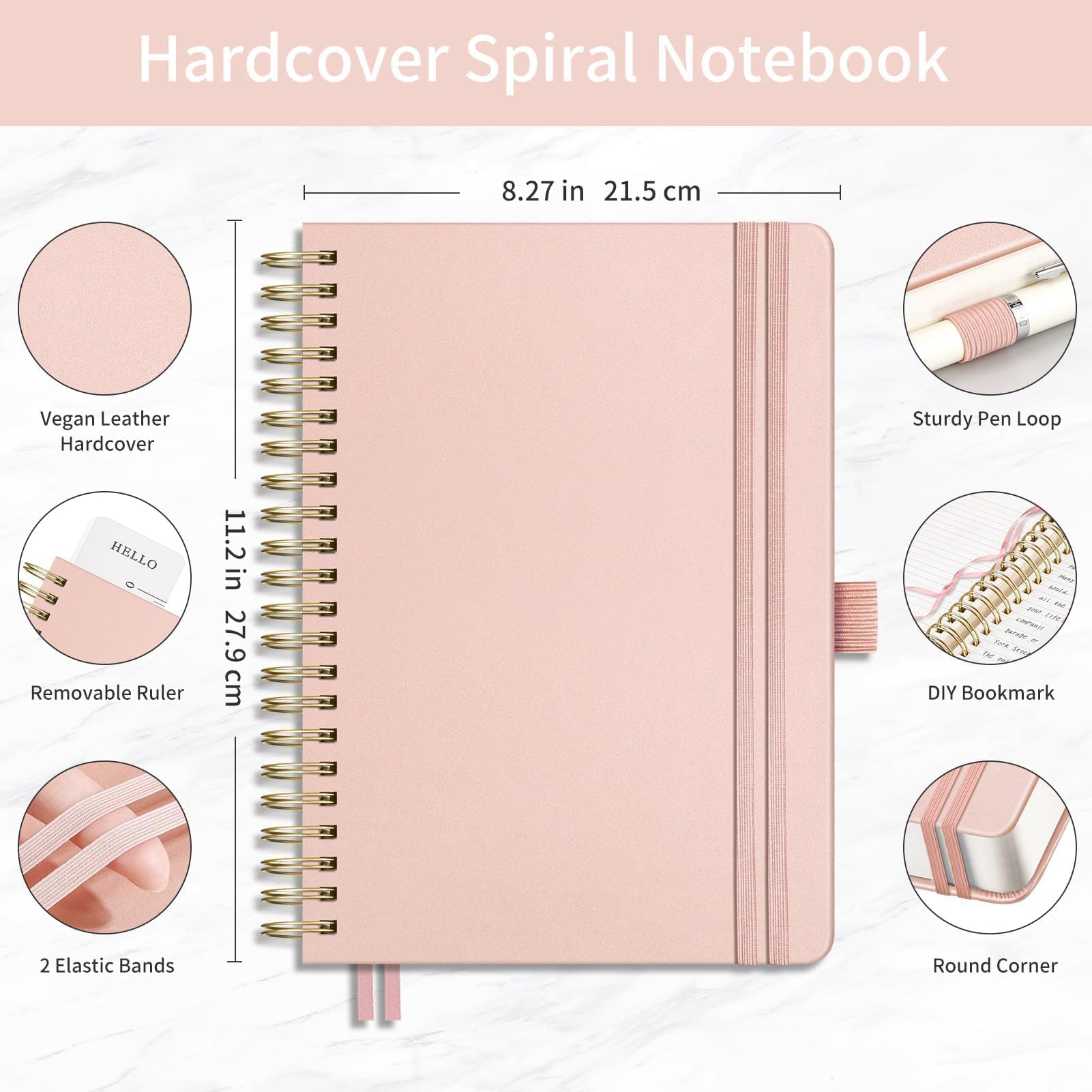 EMSHOI Carnet ligné à spirales, 300 pages numérotées, A4 (20,8 x 28,4 cm) | Papier épais ligné en cuir de 100 g/m² pour l'école, l'écriture, le travail, le bureau et le journal (or rose)