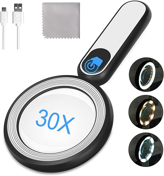Rechargeable Magnifying Glass with Light, 30X 4.7IN Handheld Large Lightweight Lighted Magnify Len 21 LED 3 Modes Illuminated Book Magnifier forKids,Senior,Reading,Inspection,Coin,JewelryChristmasGift