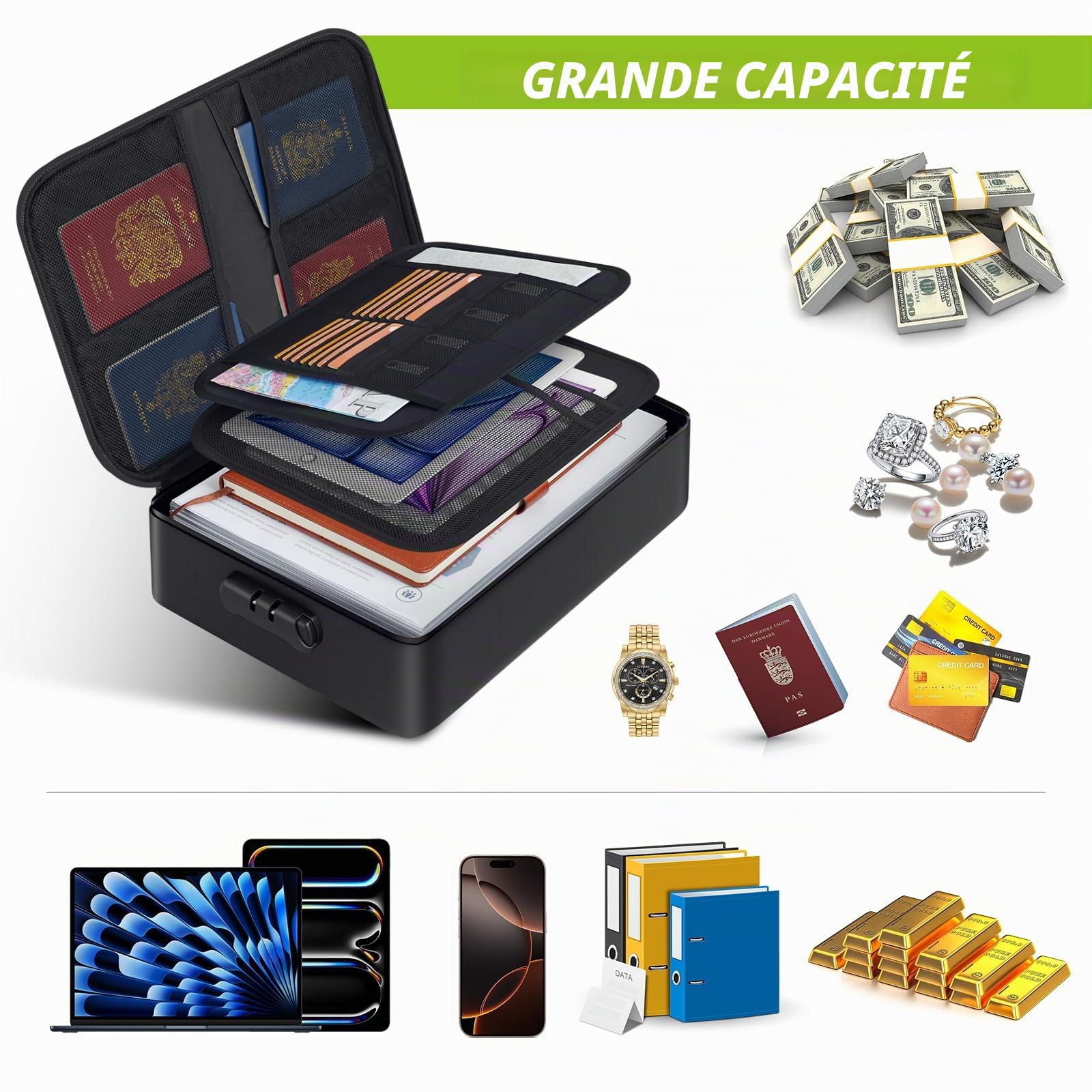 PAWBOSE Porte-Documents Ignifuge 1022 ℉, 38 x 28 x 11 cm Organiseur de fichiers avec Serrure, boîte isolée thermiquement et étanche pour Documents, Organisateur de Documents avec