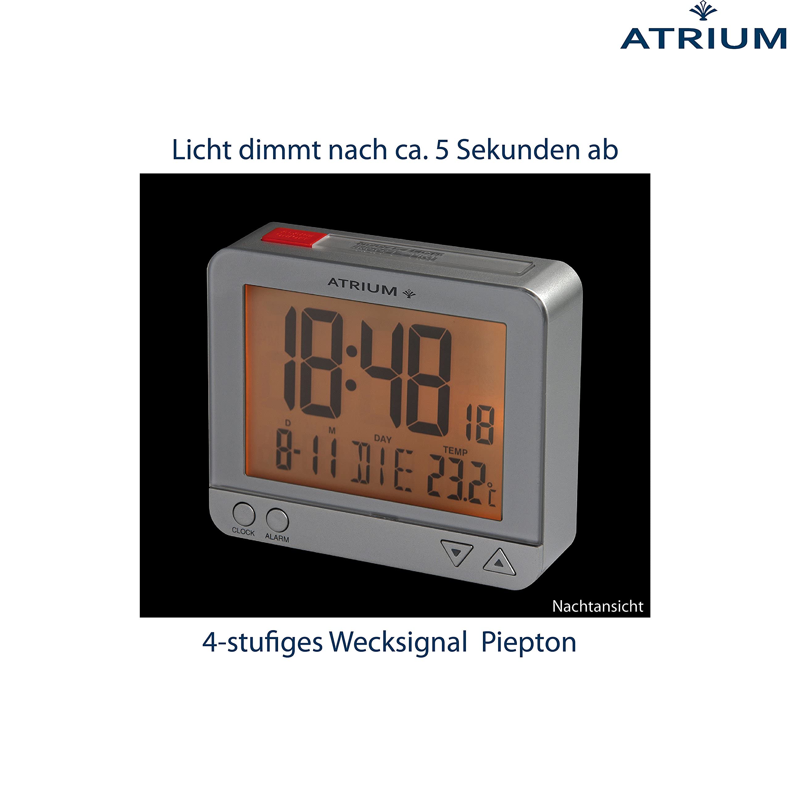 Atrium Funk-Wecker digital Silber sensorgesteuertes Nachtlicht, Obenabsteller, Datum und Temperaturanzeige A760-19