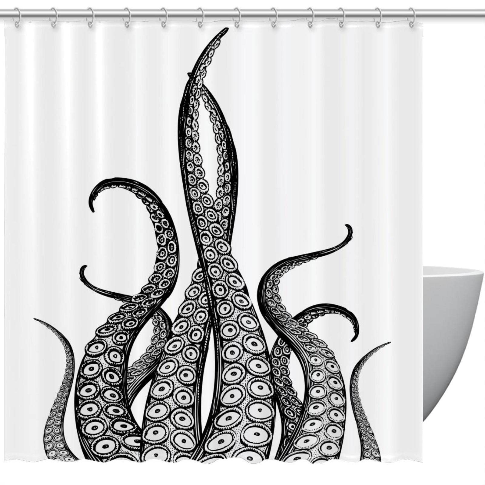 Rideau de douche noir pour salle de bain Octopus ambiance spa 183cm