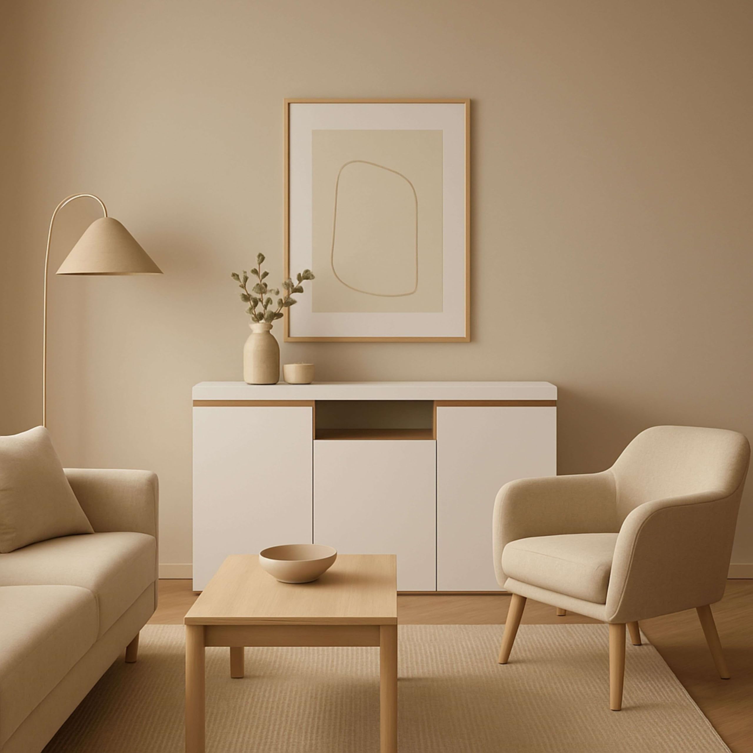 Fabrikit Mueble aparador Elis salón Comedor despacho Color Blanco Mate y Naturale 3 Puertas 1 Hueco 81x140x40 cm