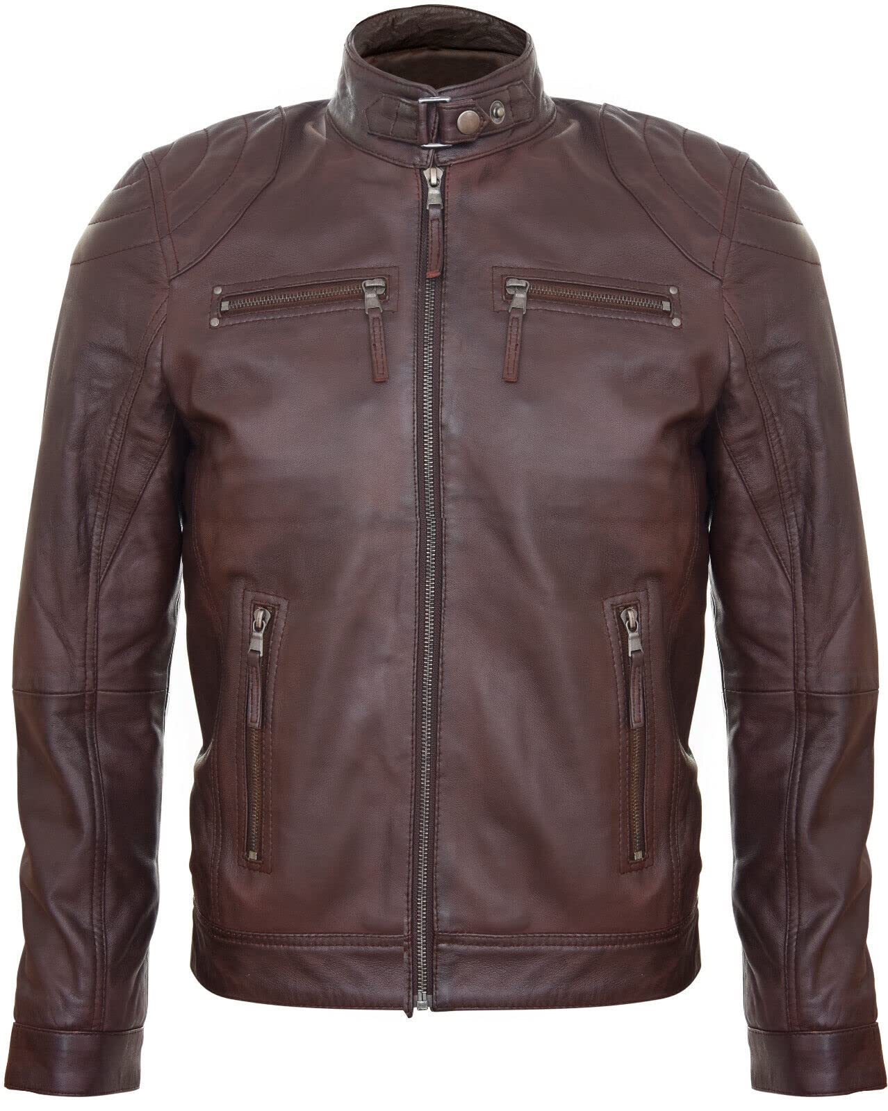 Men's Brown 100% Real Leather Moto Racing Biker Fashion Motorcycle Zipped Jacket XS