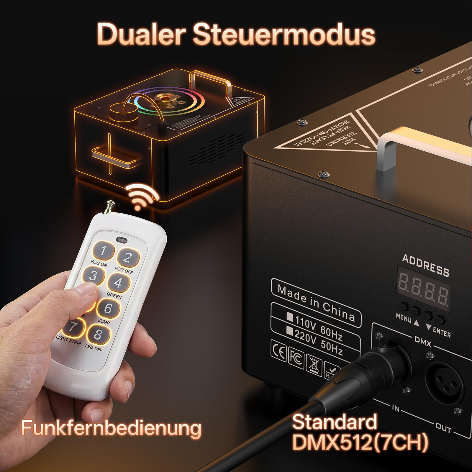 Nebelmaschine, 1500W Hängbare Rauchmaschine DMX mit 6 RGB LED und 2 Lichtringen, 3000CFM Smoke Machine mit Fernbedienung und 4 Lichteffektmodi für Bühne Hochzeit Halloween Weihnachten