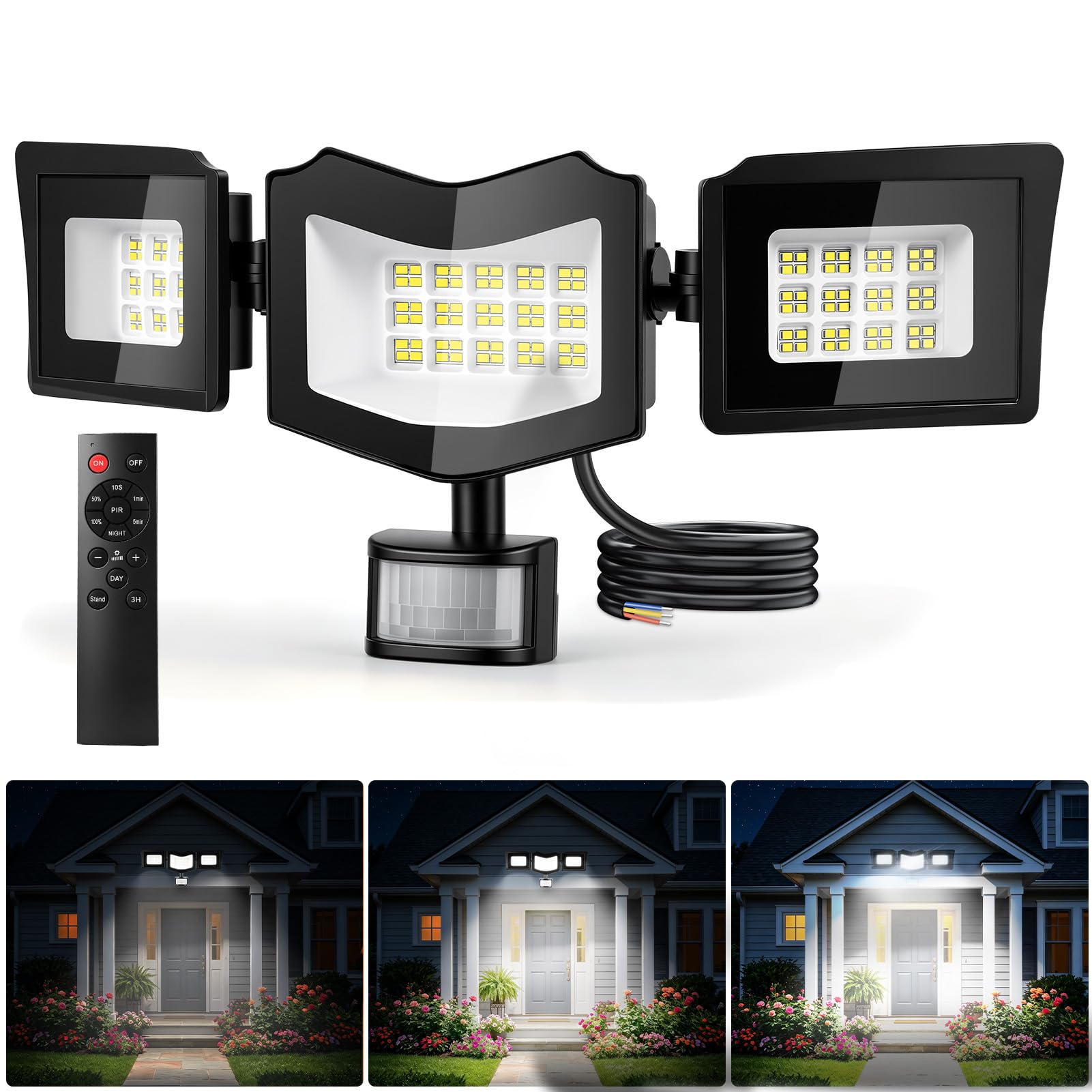 Projecteur LED avec détecteur de mouvement extérieur, 3 têtes, 6500