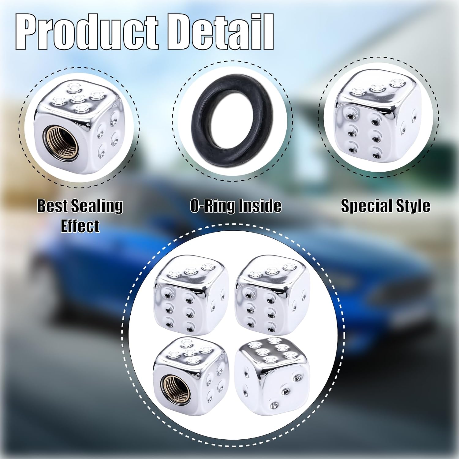 4PCS Dice Tire Valve Stem Caps, Wheels Tire Air Caps with O Rubber Ring Accessories, Corrosion Resistant Leak-Proof, Universal for Cars, SUVs, Bikes, Trucks and Motorcycles (Silver)