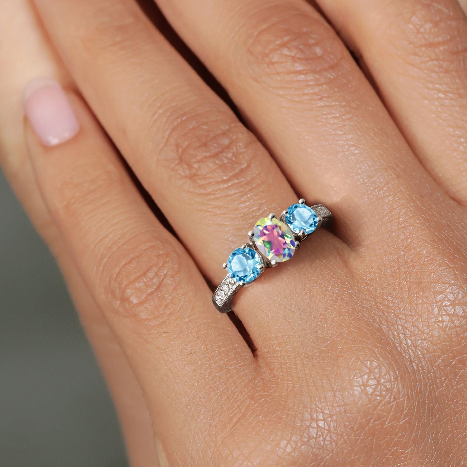 Gem Stone King 925 Sterling Silver Mercury Mist Mystic Topaz and Swiss Blue Topaz Women Ring (1.92 Ct Oval Gemstone Birthstone)