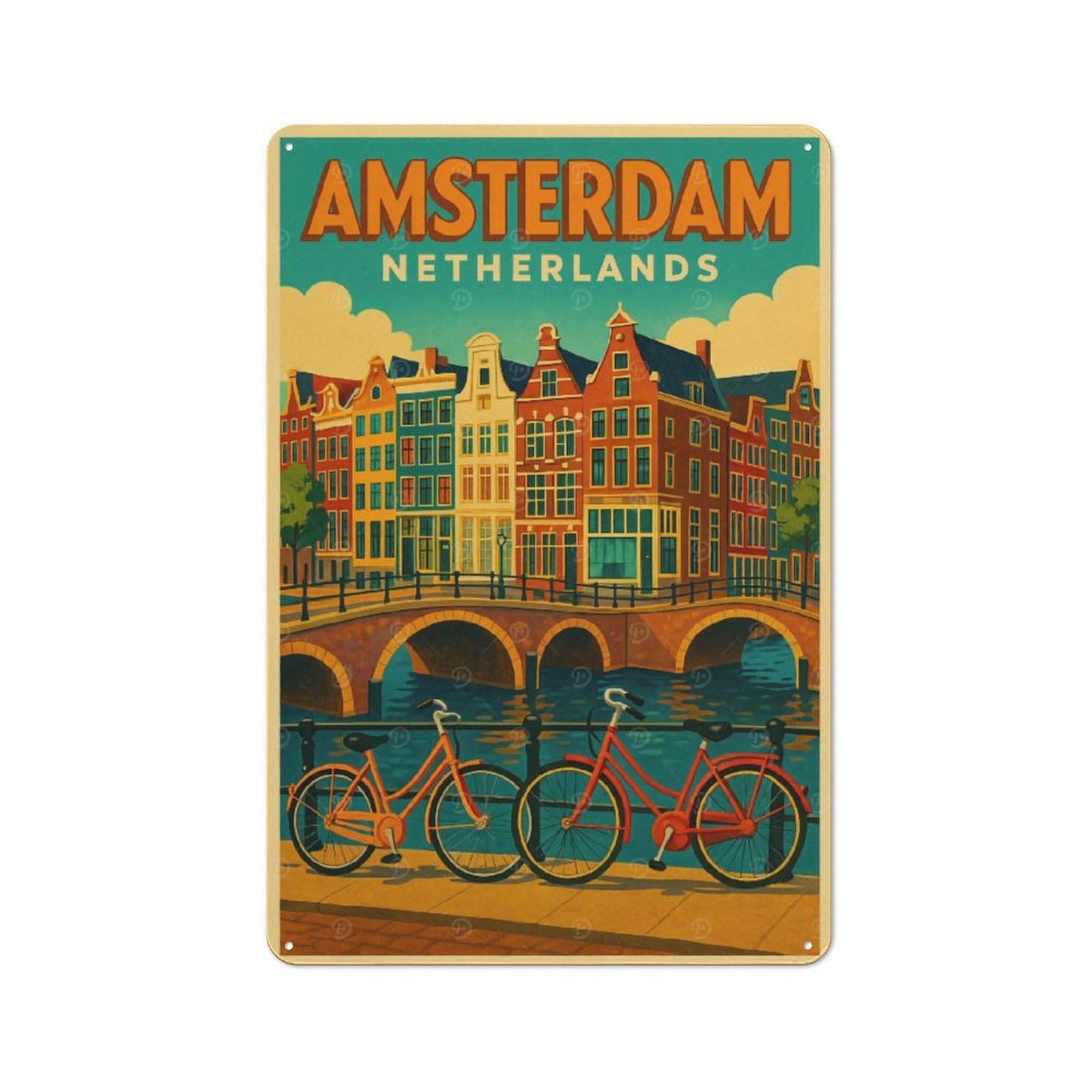 Junmoney Style-15 Casual Amsterdam Netherlands Travel Shed Metal Sign 30X20cm, Utility Space Decor For Shed, Garden Room, Porch Or Garage