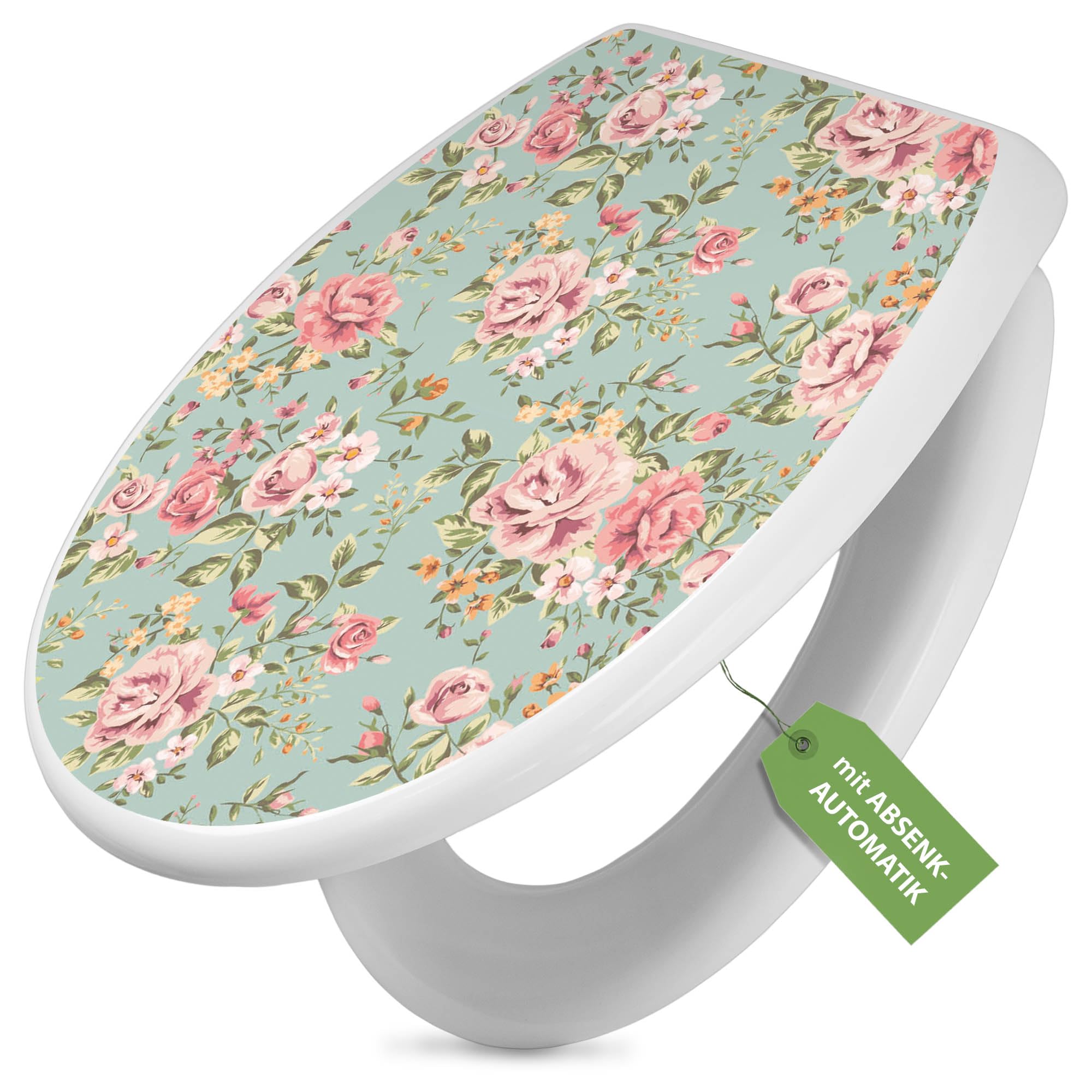 banjado Toilettendeckel mit Absenkautomatik 44,5x37cm - Soft Close Toilettensitz - WC Sitz mit Absenkautomatik - Klodeckel aus Duroplast mit Edelstahl Scharnieren, einfache Montage - Motiv Altrosa Blu