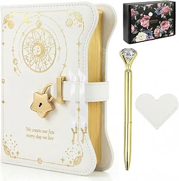 Diary with Lock for Girls and Women, Lockable Kids Diary, A5 PU Leather Notebook, 360 Pages Journal with Lock, Keys and Gift box, lockable Secret Diaryfor Girls Ages 8-14 White