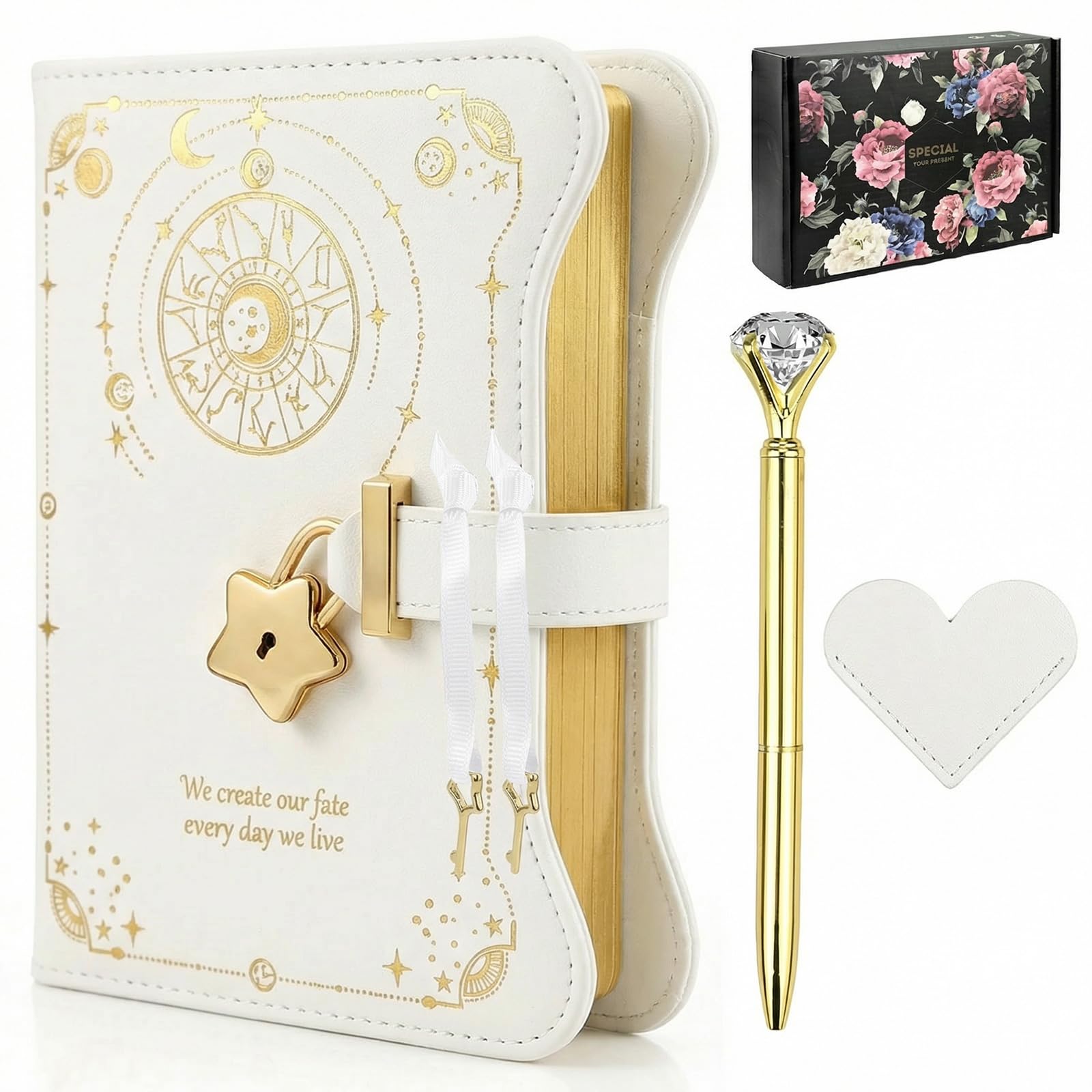 twirush Diary with Lock for Girls and Women, Lockable Kids Diary, A5 PU Leather Notebook, 360 Pages Journal with Lock, Keys and Gift box, lockable Secret Diaryfor Girls Ages 8-14 (White)