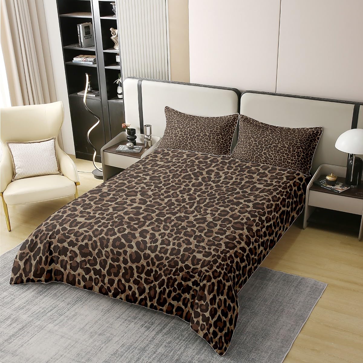 Geparden Druck 100% Baumwolle Bettbezug 220x240 für Kinder Teens Erwachsene,Brauner Leopard Tröster Abdeckung,Tier Haut Textur Bett Set,Rustikale Bettwäsche Set mit 2 Kissenbezüge Schlafzimmer Dekor