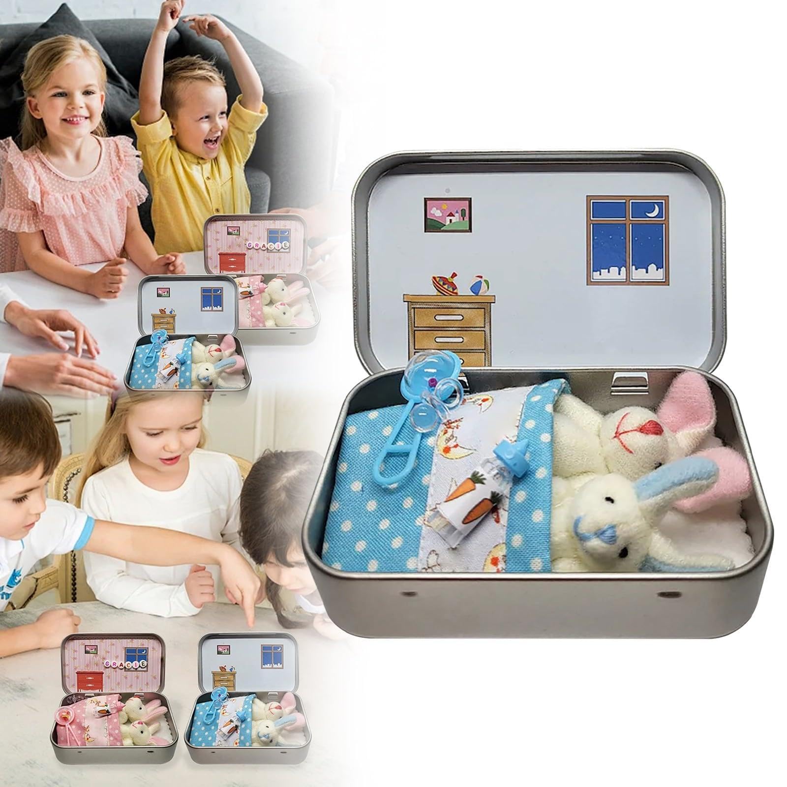 2 Pc Small Pocket Bunnies, Easter Mini Plush Bunny Play Set, Little Pocket Bunny, Cute Rabbit Plush Toy in a Tin, Portable DIY Pet Rabbit Adoption, Easter Basket Stuffer for Children — image 1