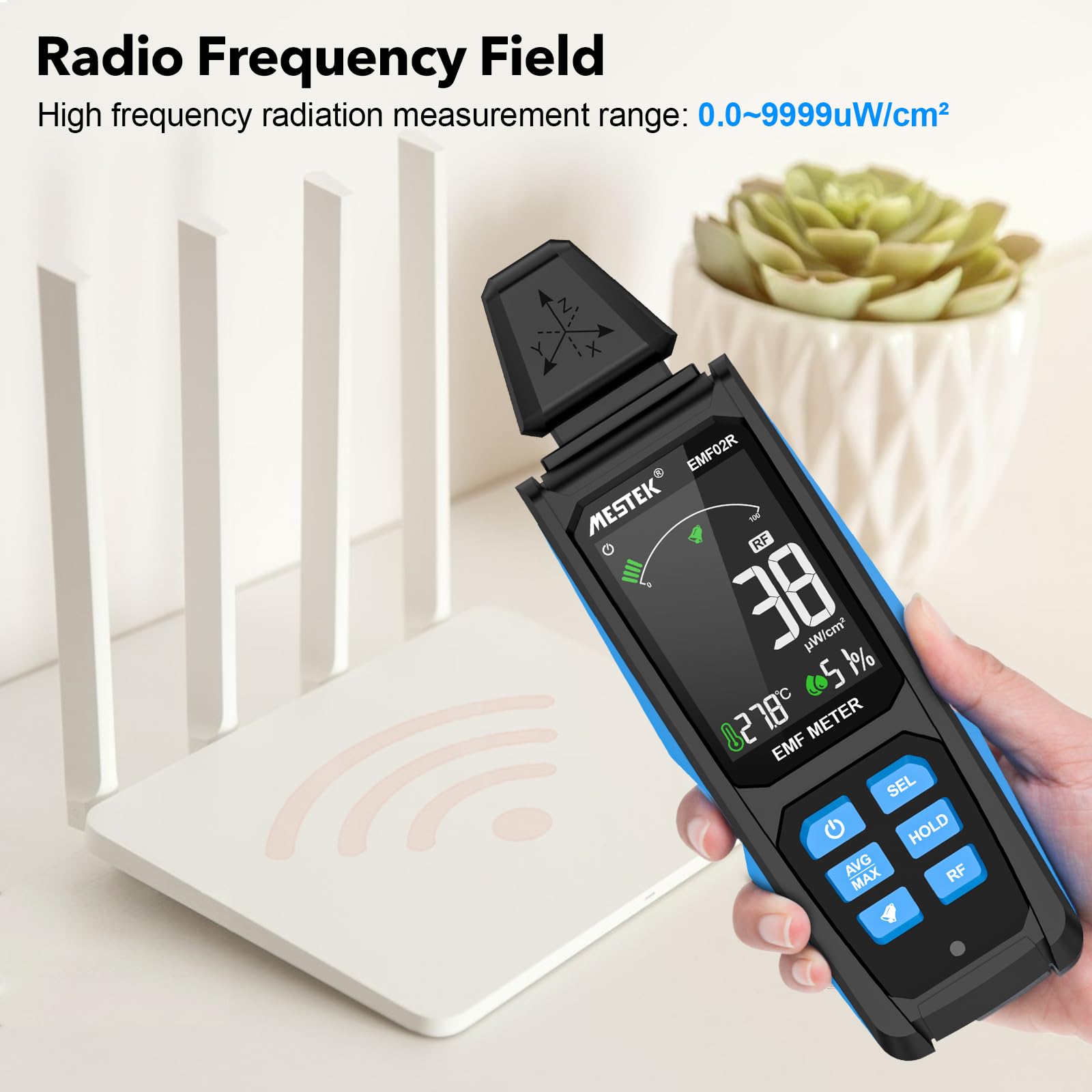 EMF Messgerät MESTEK 5-in-1 EF/MF/Radio-Frequenz EMF Meter, Elektromagnetische Felder Hochfrequenzfeld Strahlung Messgerät, mit Digitaler LCD Wiederaufladbarer für Zuhause, Büro und Outdoor
