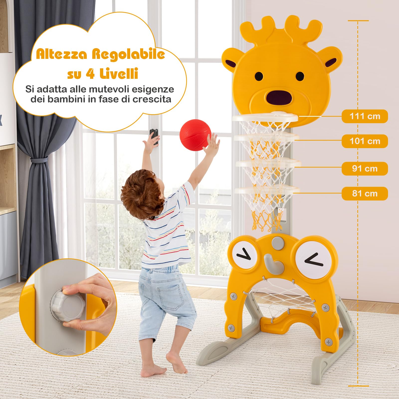 COSTWAY 4 in 1 Canestro da Basket per Bambini, Centro Attività con Cerchio, Porta Calcio, Lancio ad Anelli, Golf, Canestro Regolabile, per Bambini 3+ Anni (Cervo)