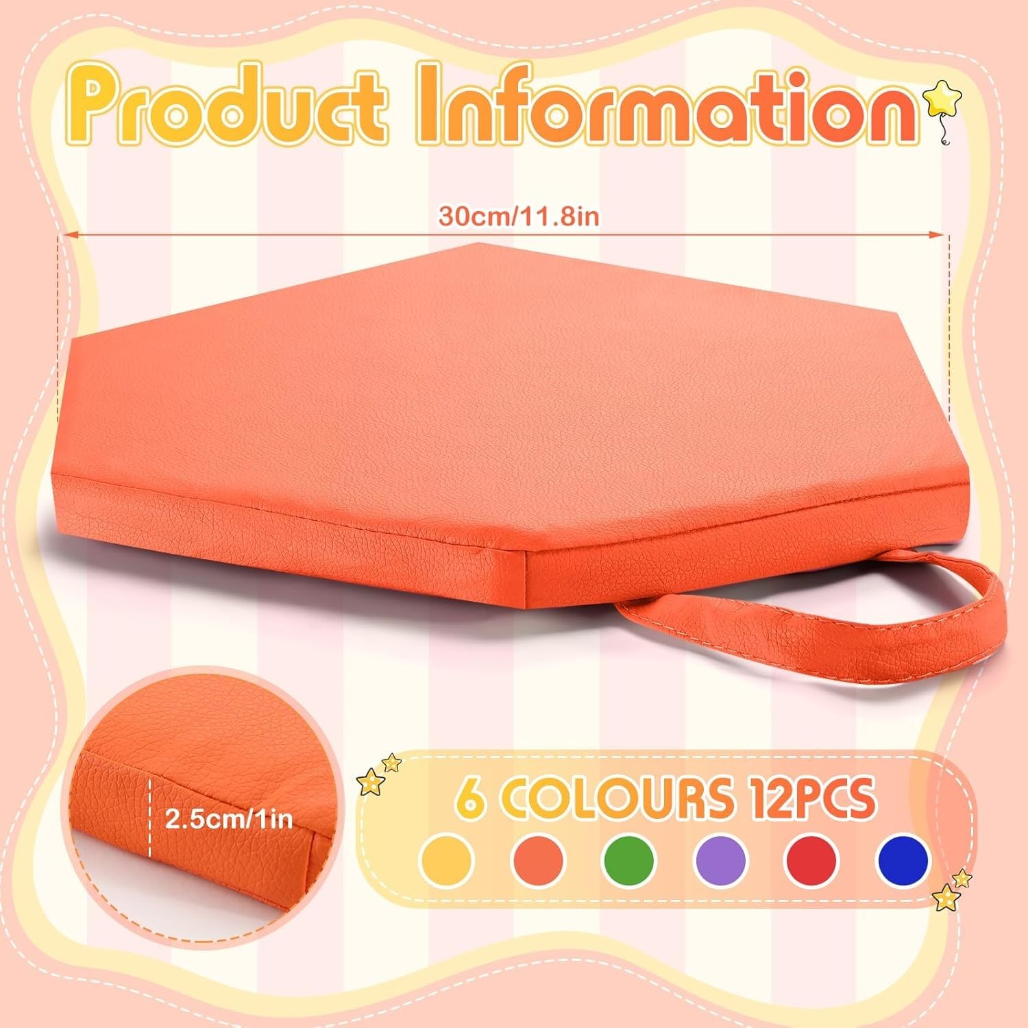 Set da 12 cuscini da pavimento da 30 cm per aule scolastiche: sedute flessibili con manici; cuscini esagonali da pavimento per bambini, neonati, asili nido e scuole materne