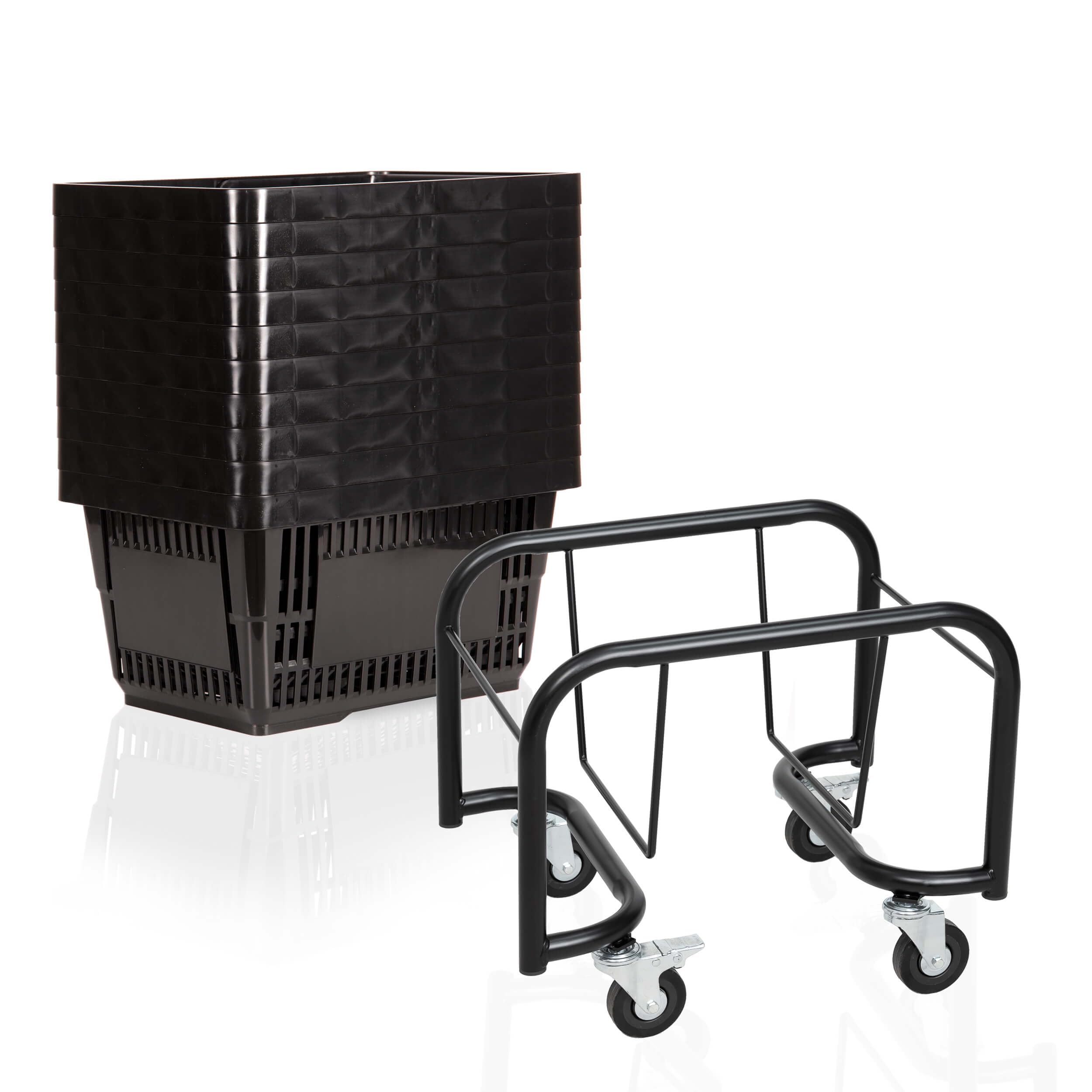 Sammelwagen mit Einkaufskörbe Schwarz 10er Set 22L | Rollbarer Korbstapelwagen in Schwarz, 10 Körbe in Schwarz mit Griff, Tragekorb Kunststoffkörbe 30kg Traglast