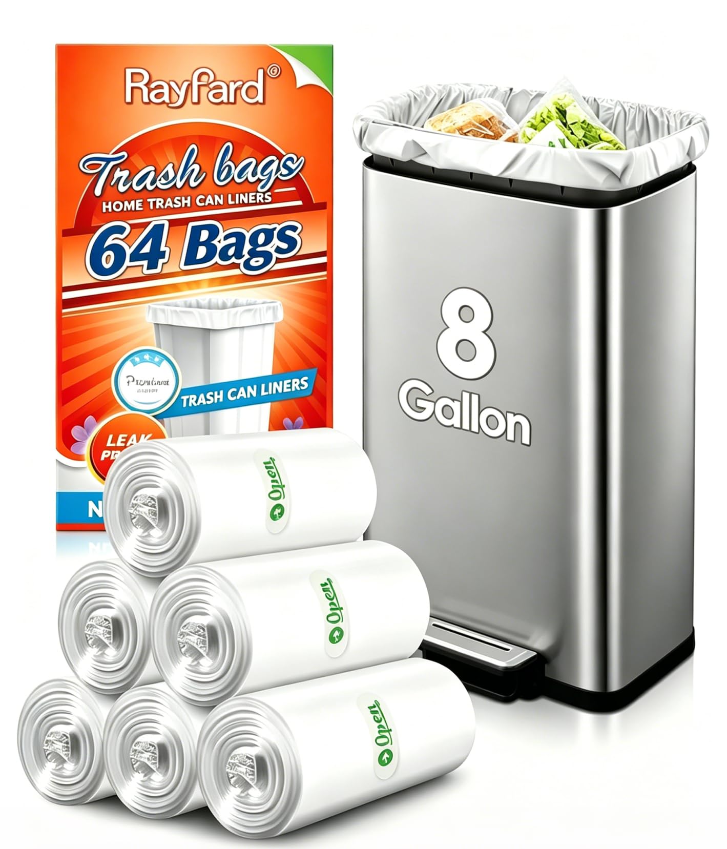 8 Gallon Strong Trash Bags by RayPard, 64 Counts Garbage Bags fit 30 Liter Kitchen Waste Basket, Medium Trash Bags Can Liners for Home Office Kitchen Bathroom Bedroom, Clear