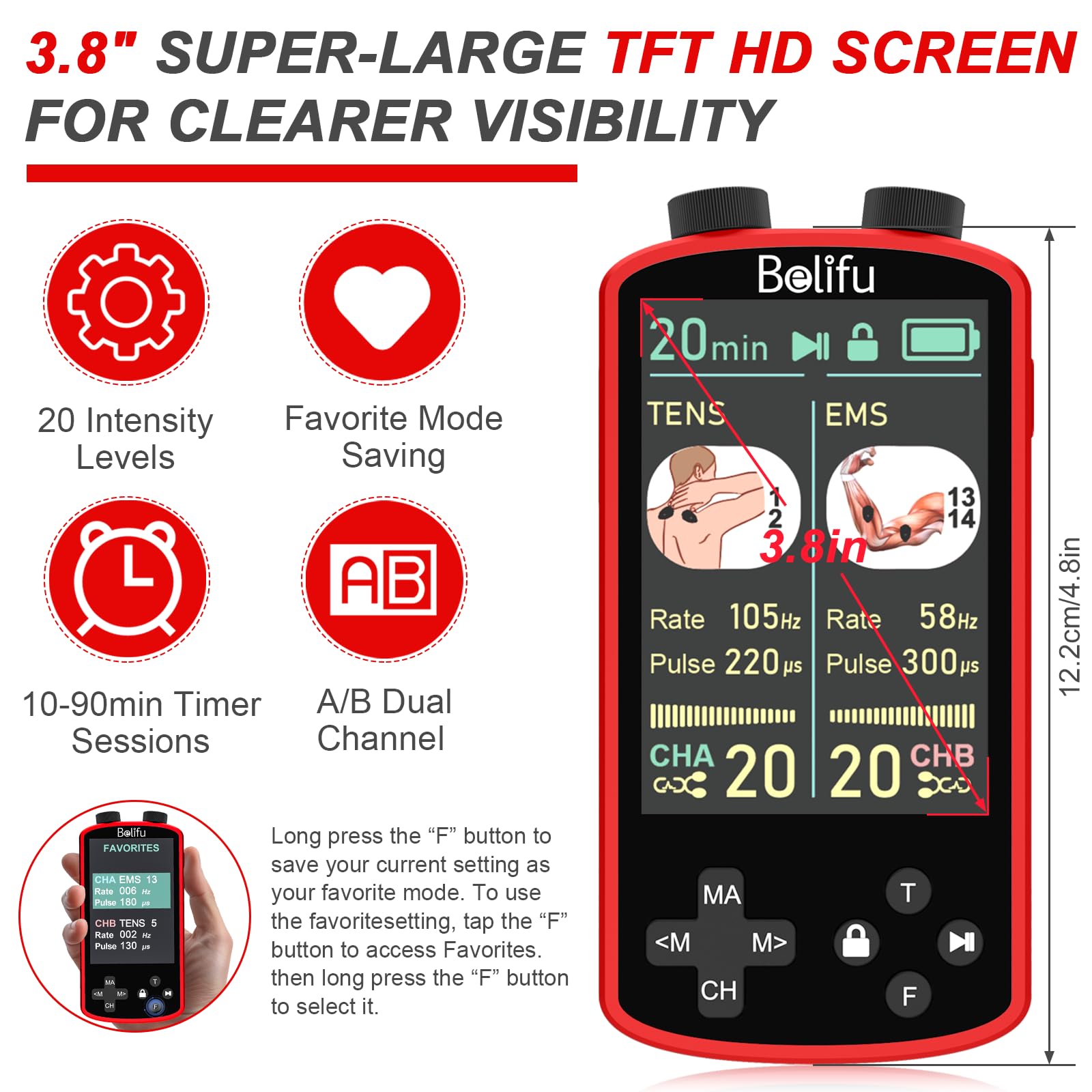 TENS EMS Unit Muscle Stimulator for Pain Relief Therapy - 4 in 1 TENS EMS Relax Custom Frequency+Pulse - Muscle Massager 36 Modes 20 Intensity, Memory & Favorites Function, 3.8" Color Display - Red — Amazon image 7