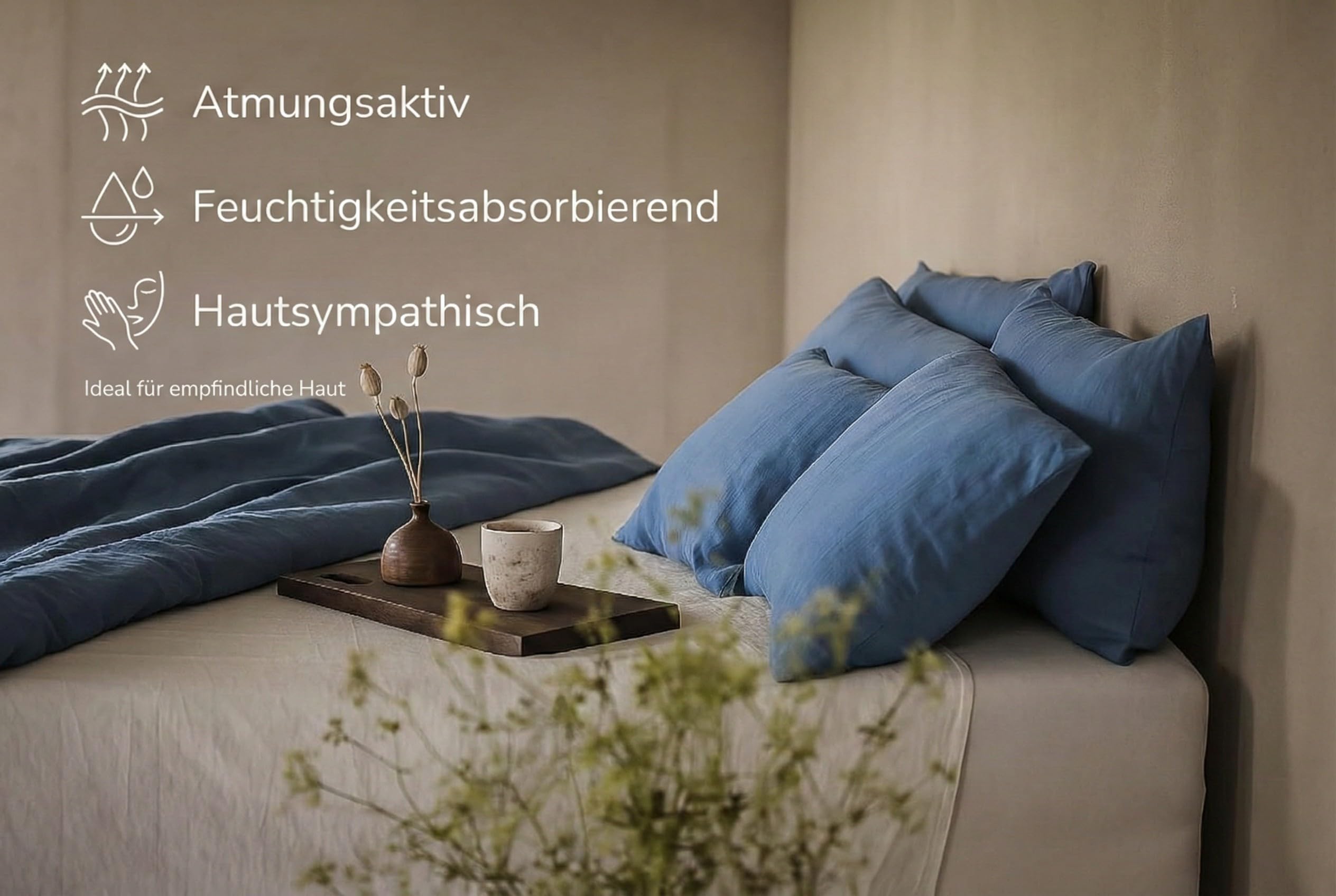 Zestaw pościeli lnianej, 100% naturalny len, z włókien naturalnych, z zamknięciem hotelowym (niebieski, 200 x 200 cm, 2 szt. 80 x 80 cm)