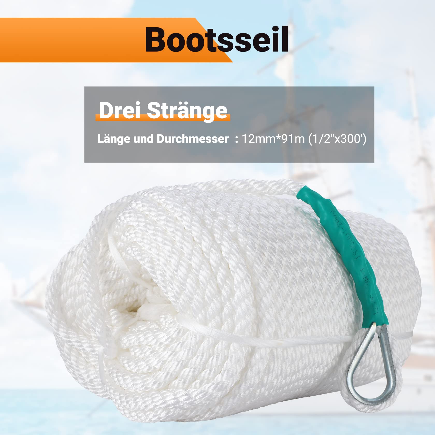 CarBole Tauwerk für Boote 12mm*91m, 2653KG Dock Line Rope | Festmacherleine und Camp-Seil, ideal für Camping und Bootfahren im Freien