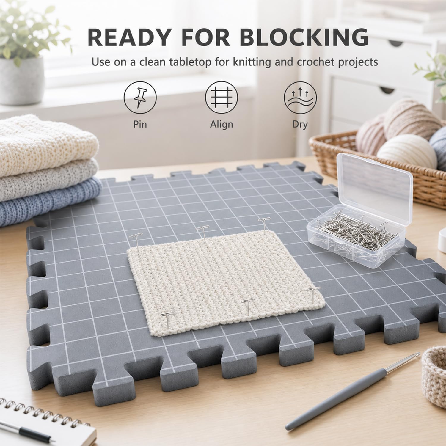 QWORK® 9 Stück Blocking-Matten Häkelset, 1,9 cm Dicke Spannmatten Stricken mit 100 Nadeln, Aufbewahrungstasche und Nadelkissen