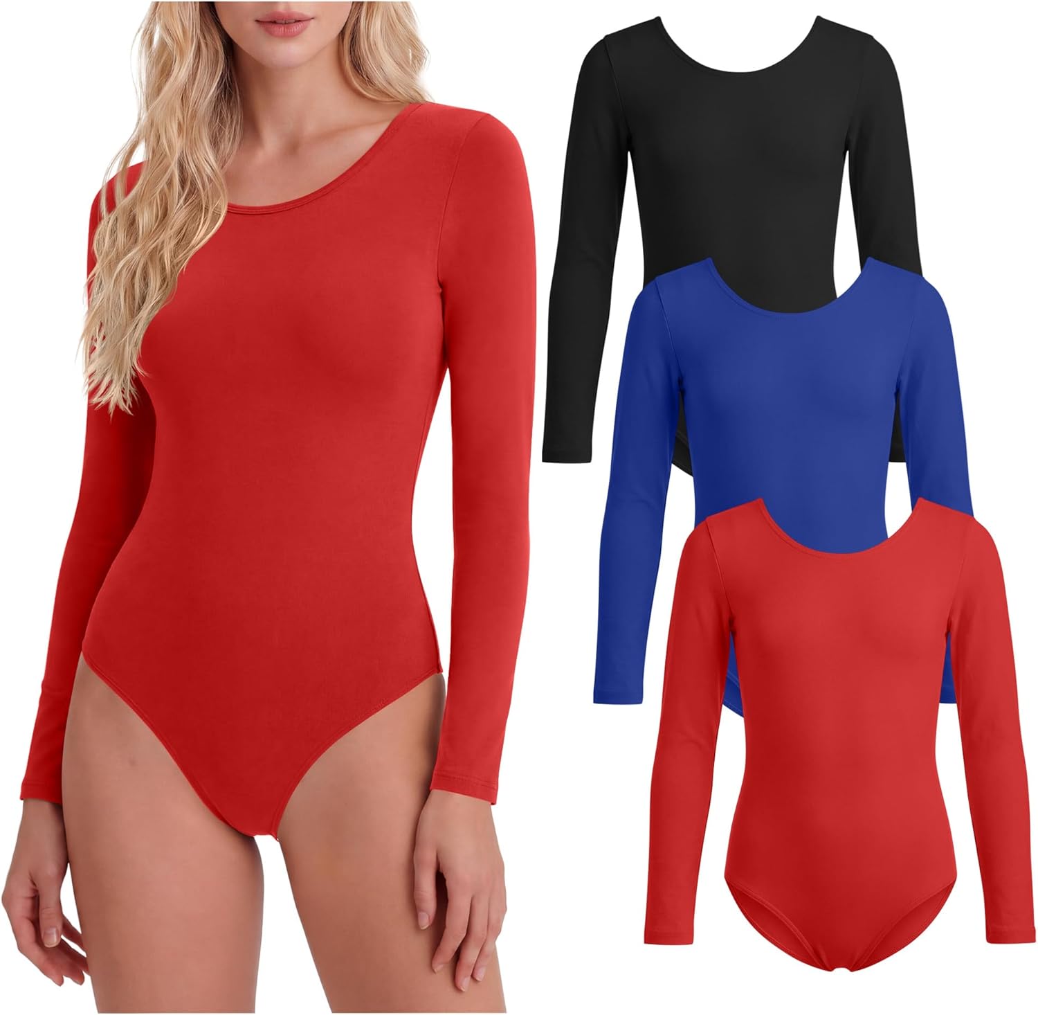 3 Pack Women's Long Sleeve Leotards for Ballet Dance Costumes Adult Gymnastics Bodysuit Round Neck Basic Clothes
