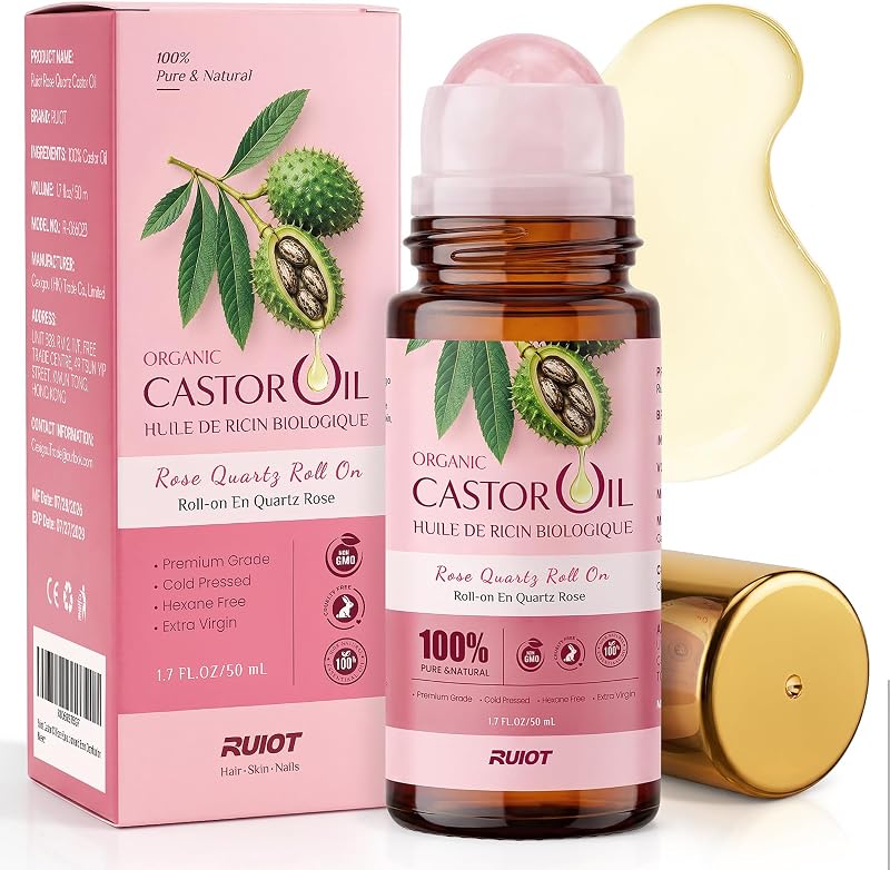 Óleo de rícino Ruiot em roll-on com aplicador de quartzo rosa, prensado a frio, 50 mL