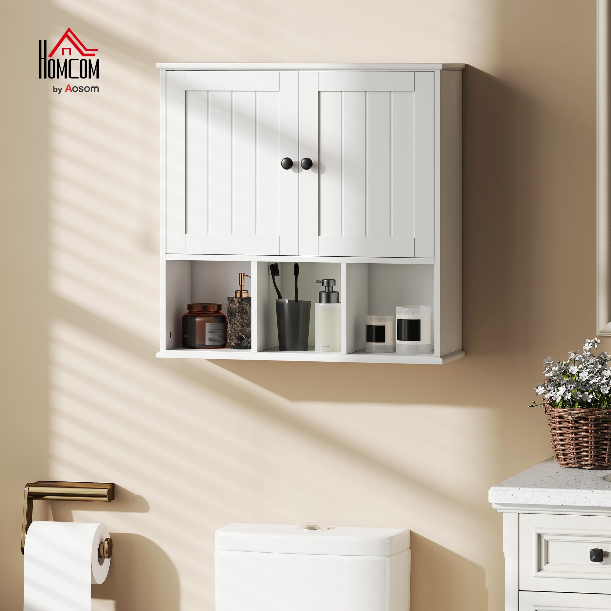 HOMCOM Armoire Murale de Salle de Bain 2 Portes 60 x 19,5 x 60 cm Blanc | Meuble de Rangement Suspendu pour Salle de Bains, Étagère Réglable, Compartiments Ouverts, Meuble WC Suspendu