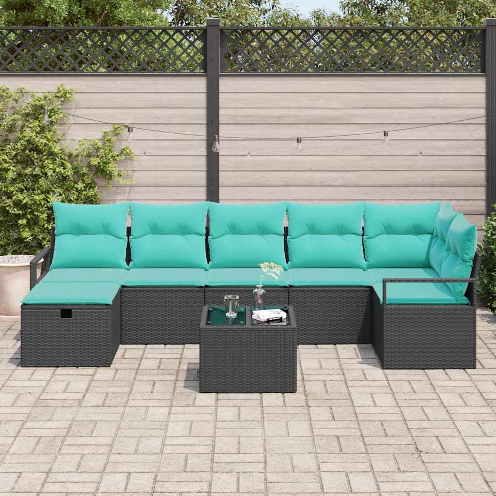 Sofa z poduszkami, 8 szt., czarna i turkusowa, polirattanowa, sofa ogrodowa, na balkon, kanapę, odporna na warunki atmosferyczne, modułowa, z miejscem do przechowywania na taras i do ogrodu