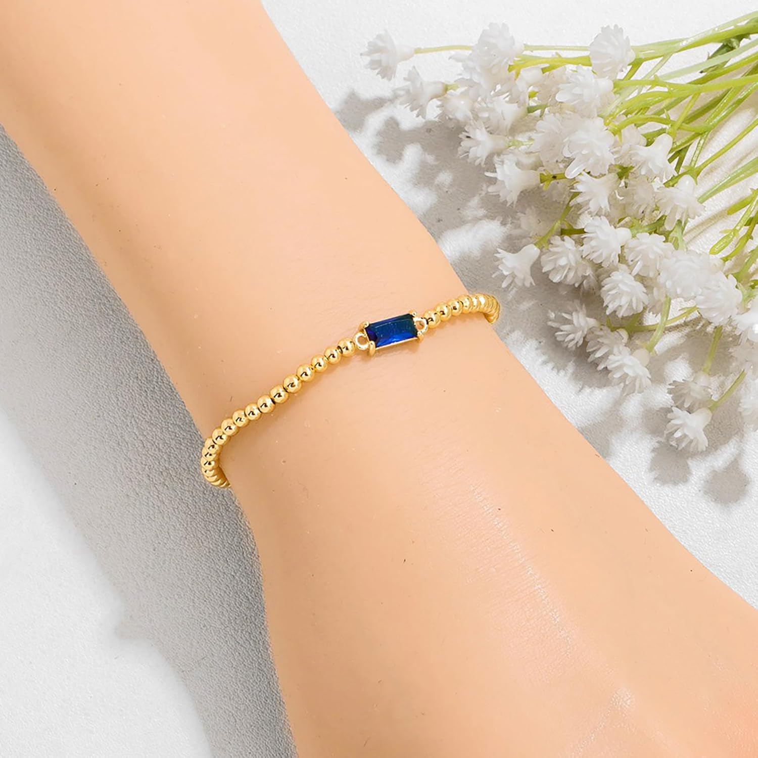 Dainty Beaded Bracelet, Gold, 14K Gold Plated, Women's, Adjustable Elastic, Adult, Medium, 20 grams, 2 inches - Image 4