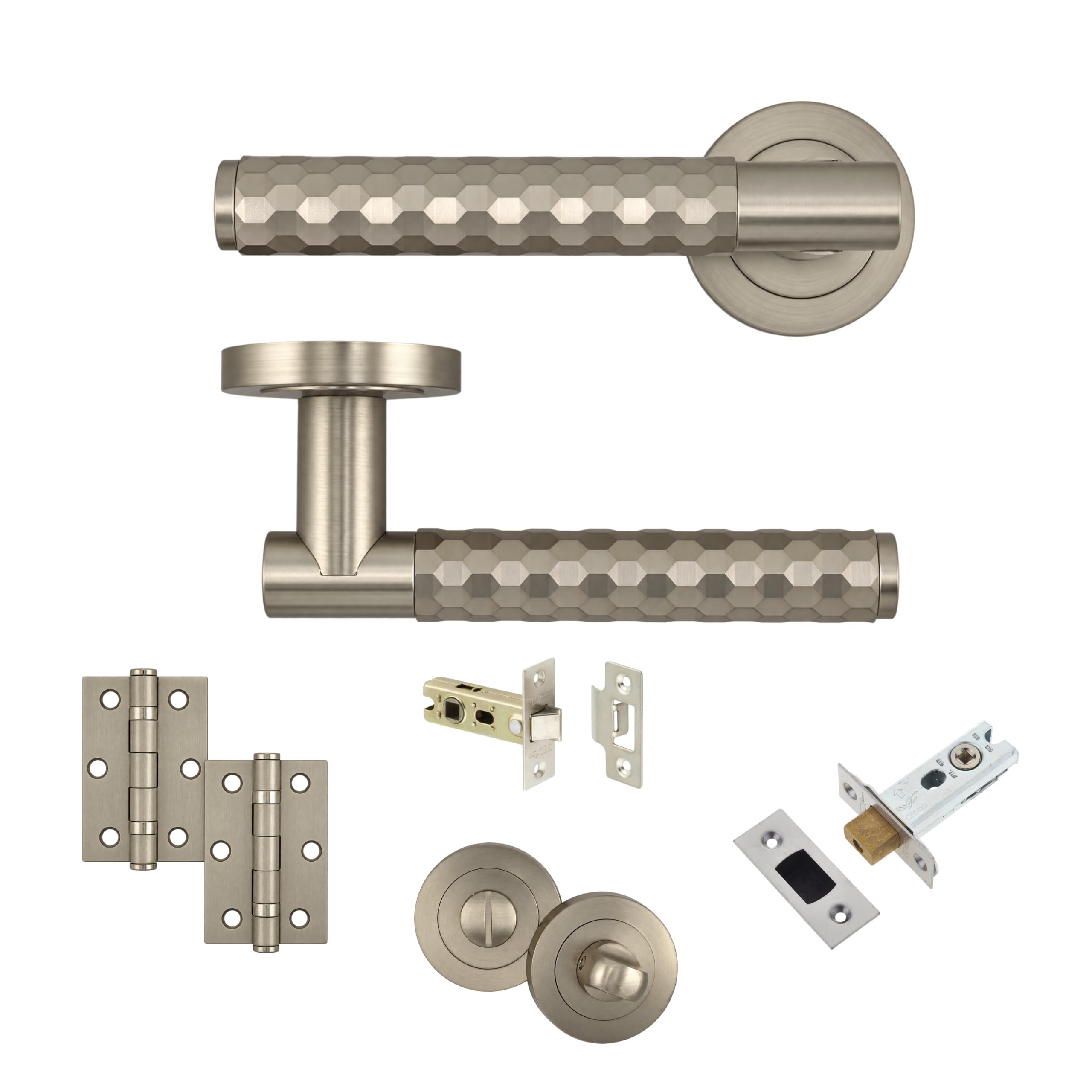 AXS Montana Internal Door Handles on Rose – Lever Handle Pair or Set for Wooden Doors – Modern Concealed Fix – Fits Standard UK Tubular Latch (Satin Nickel, Bathroom Door Pack - 44mm Backset)