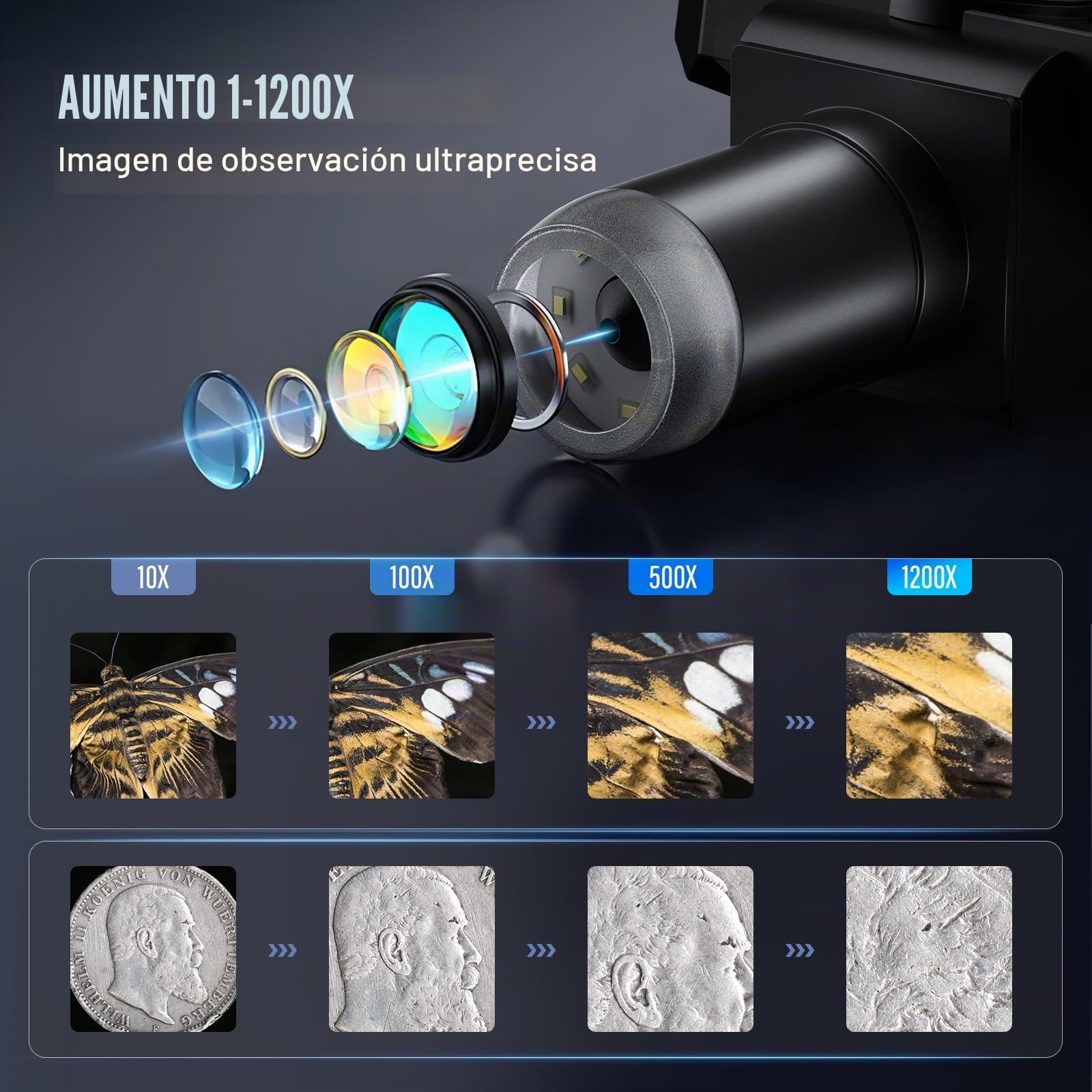 Microscopio Digital 7 Pulgadas, 1200X Aumento 12MP Grabación 1080P con 8 Luces LED Ajustables, Pantalla IPS, Conexión PC para Soldadura, Ciencia, Educación Compatible con Windows