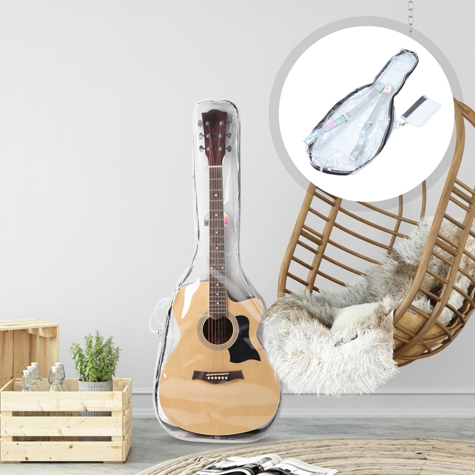 Veemoon Borsa per Chitarra Acustica Trasparente Pc, Zaino Doppie Spalline, Bianco, per Chitarra Folk 39/40/41 Pollici, Leggero, per Uso Outdoor