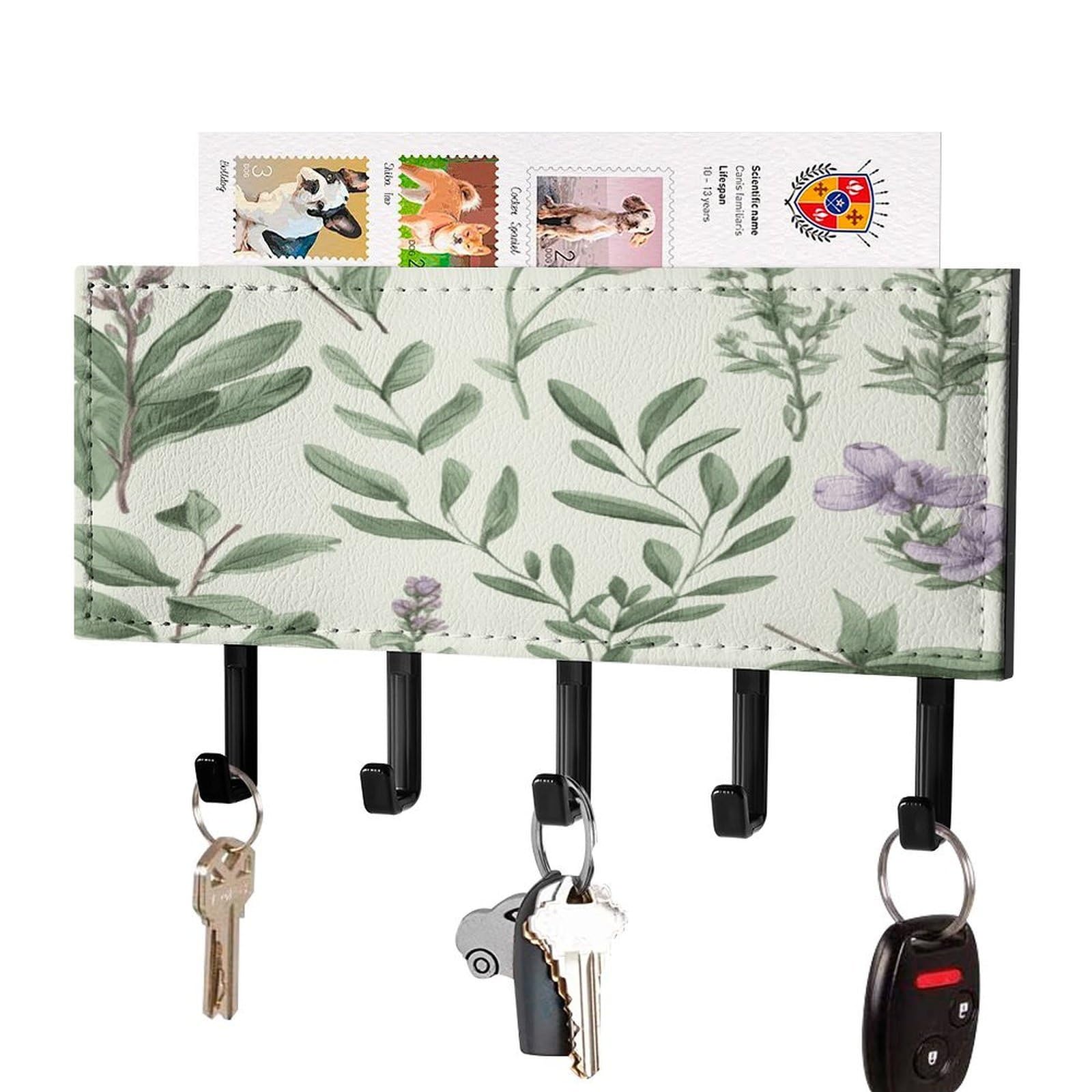Green Flower Herb Sage Leaves And Branches Key Holder for Wall Decorative Mail Organizer with 5 Key Hook Self Adhesive Key Rack with Tray Coat Rack Wall Mount Key Hanger Decor for Entryway Door
