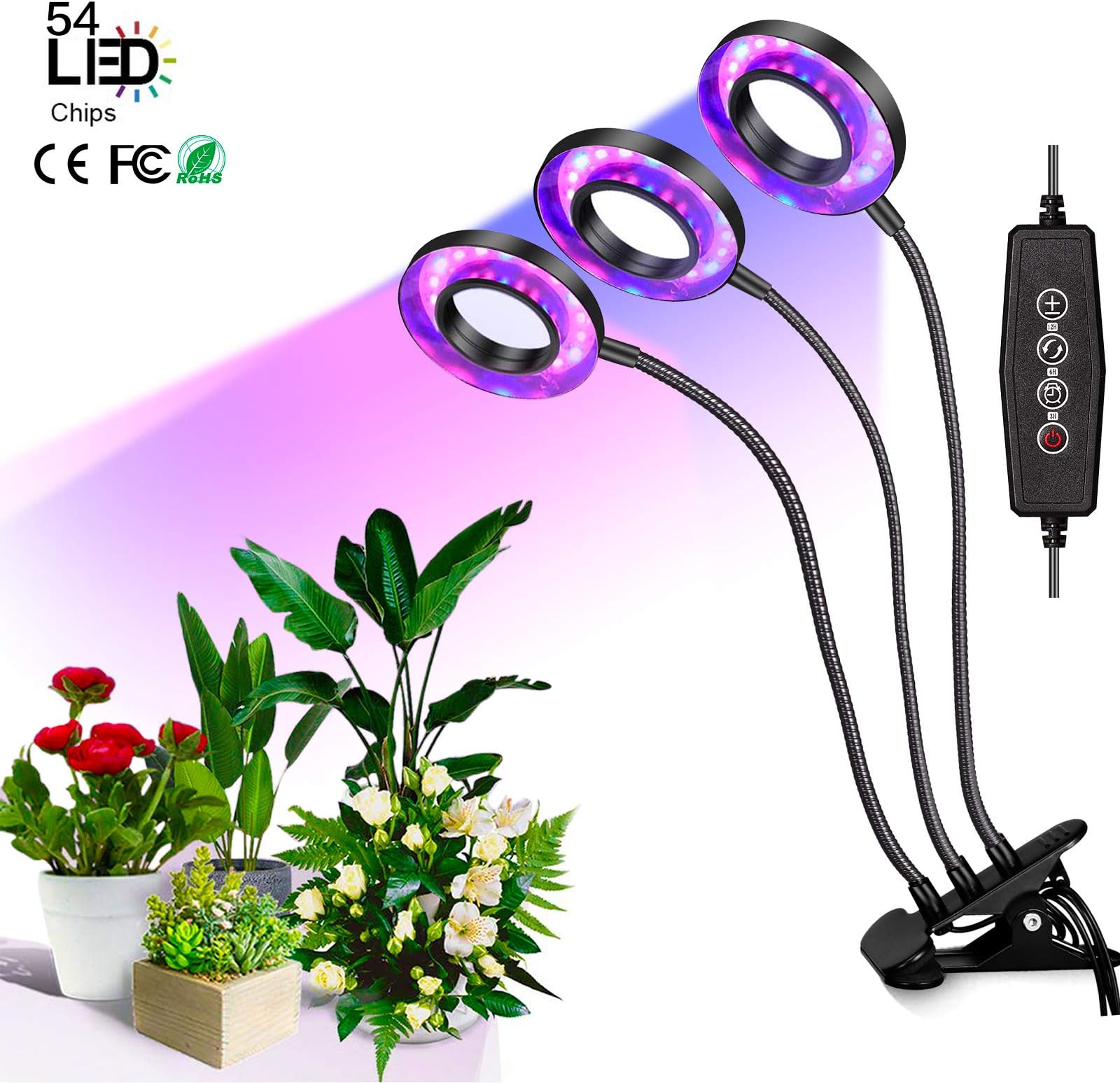 Basuwell Plant Lamp LED Plant Grow Lamp Lights Full Spectrum Auto ON & Off with 3/6/12H Timer 5 Dimmable Levels Clip-On Desk Grow Lamp Triple Head Adjustable Gooseneck for Indoor Plants - UK Plug