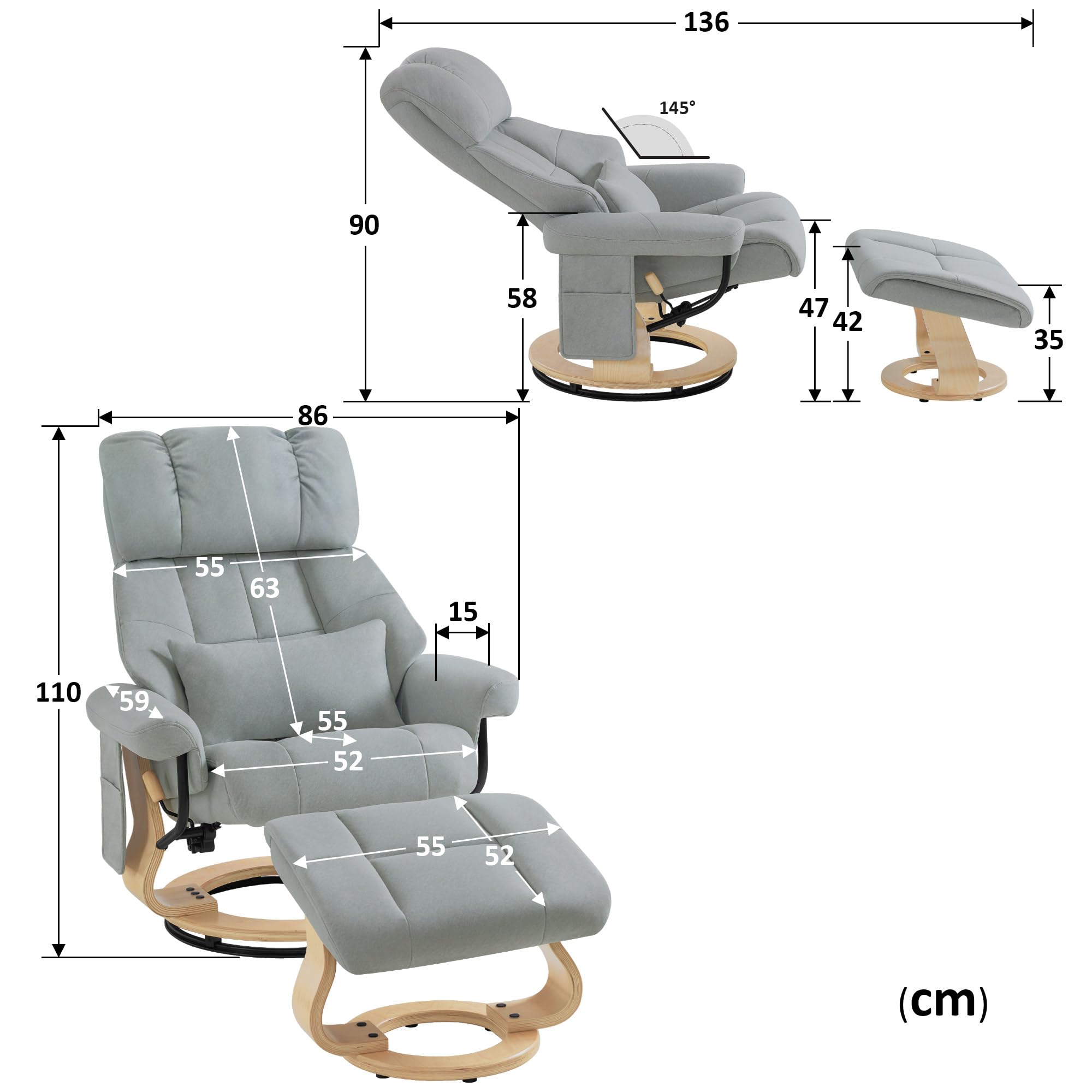 M MCombo Relaxsessel mit Hocker, Drehbare Fernsehsessel mit Liegefunktion, Moderner TV-Sessel Stuhl für Wohnzimmer, mit Kissen & Seitentasche, 9066 (Hellgrau-Mikrofaser)