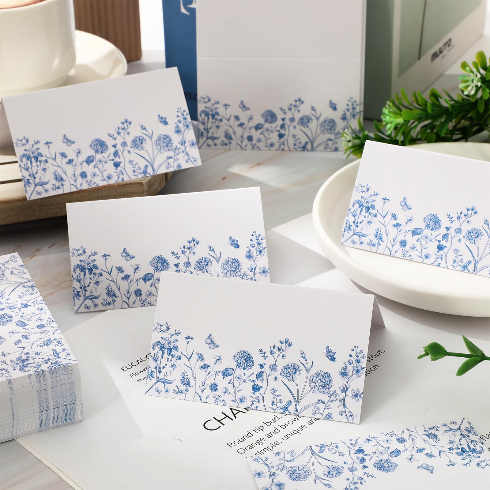 Whaline Tischkarten mit Blumenmuster, 8,9 x 5,1 cm, Chinoiserie, Zeltkarten, Sitzkarten, Namensschild, blanko, Tischnamensschilder für Feiertage, Buffet, Party, Tischdekoration, 100 Stück