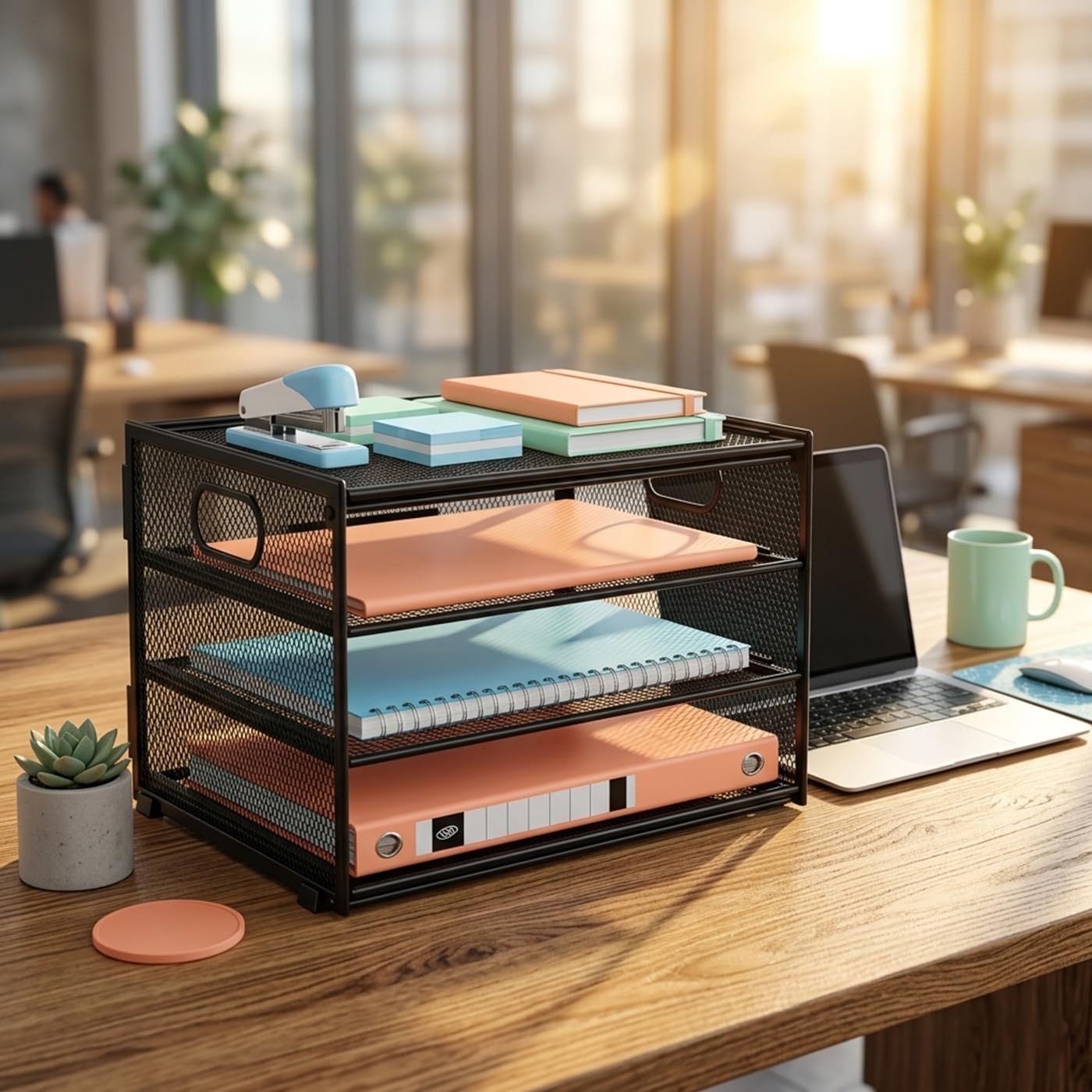 Organizador de documentos A4 de metal, apilable con 4 compartimentos, para oficina y oficina, especialmente estable y fácil de montar, color negro