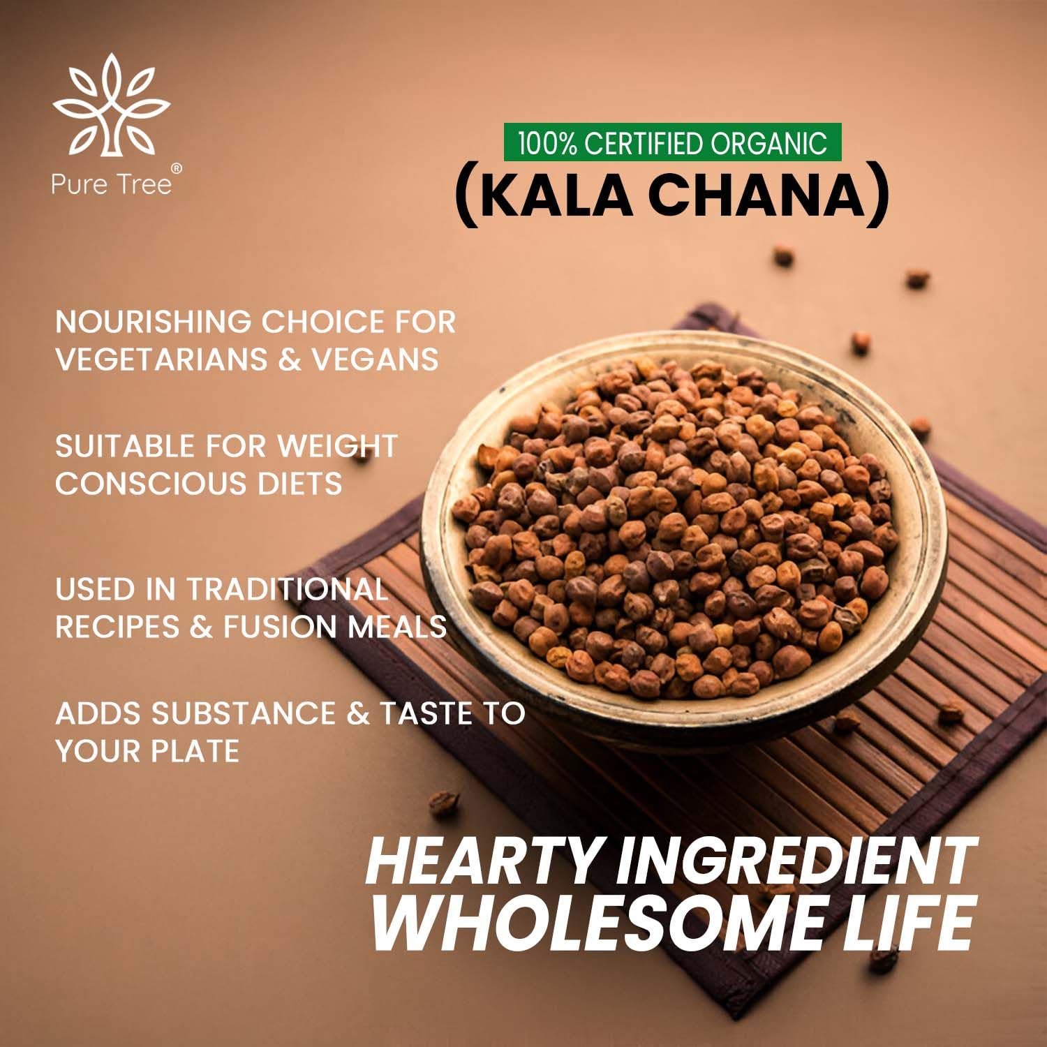 Pure Tree Certified Organic Kala Chana | 850 g | Brown Chickpeas | Desi Chana Whole Kadle Kalu | Plant Based High Protein Kondakadalai | Black Gram Whole Black Chickpeas - Image 4 thumbnail