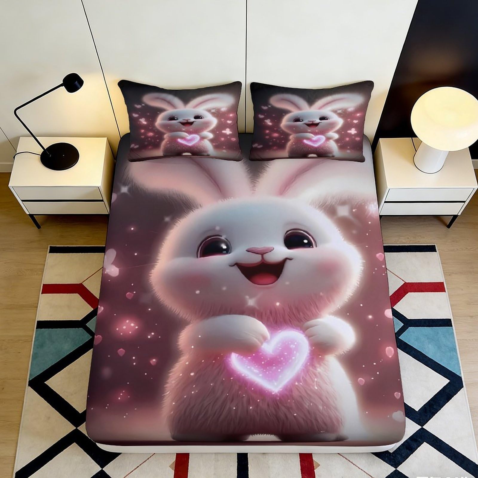 Jqzkxnhpbr Style-5 3D Printed Cute Bunny Fitted Sheet Microfiber Soft Pink Heart Cartoon Mattress Cover Bedroom Dorm Decor 90X200x25cm