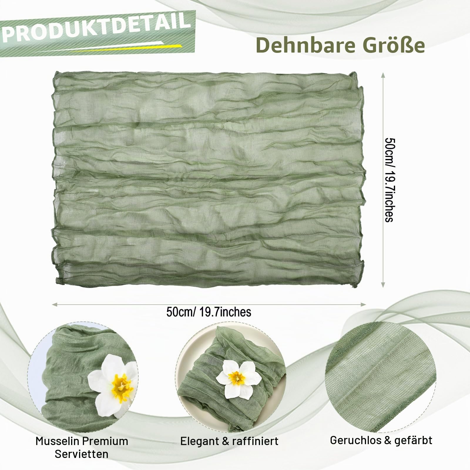 Gaze-Käsetuch-Servietten, 50 x 50 cm, Servietten, geknittert, dekorative Stoffservietten für Zuhause, Hochzeit, rustikale Tischdekoration, Salbeigrün, 100 Stück