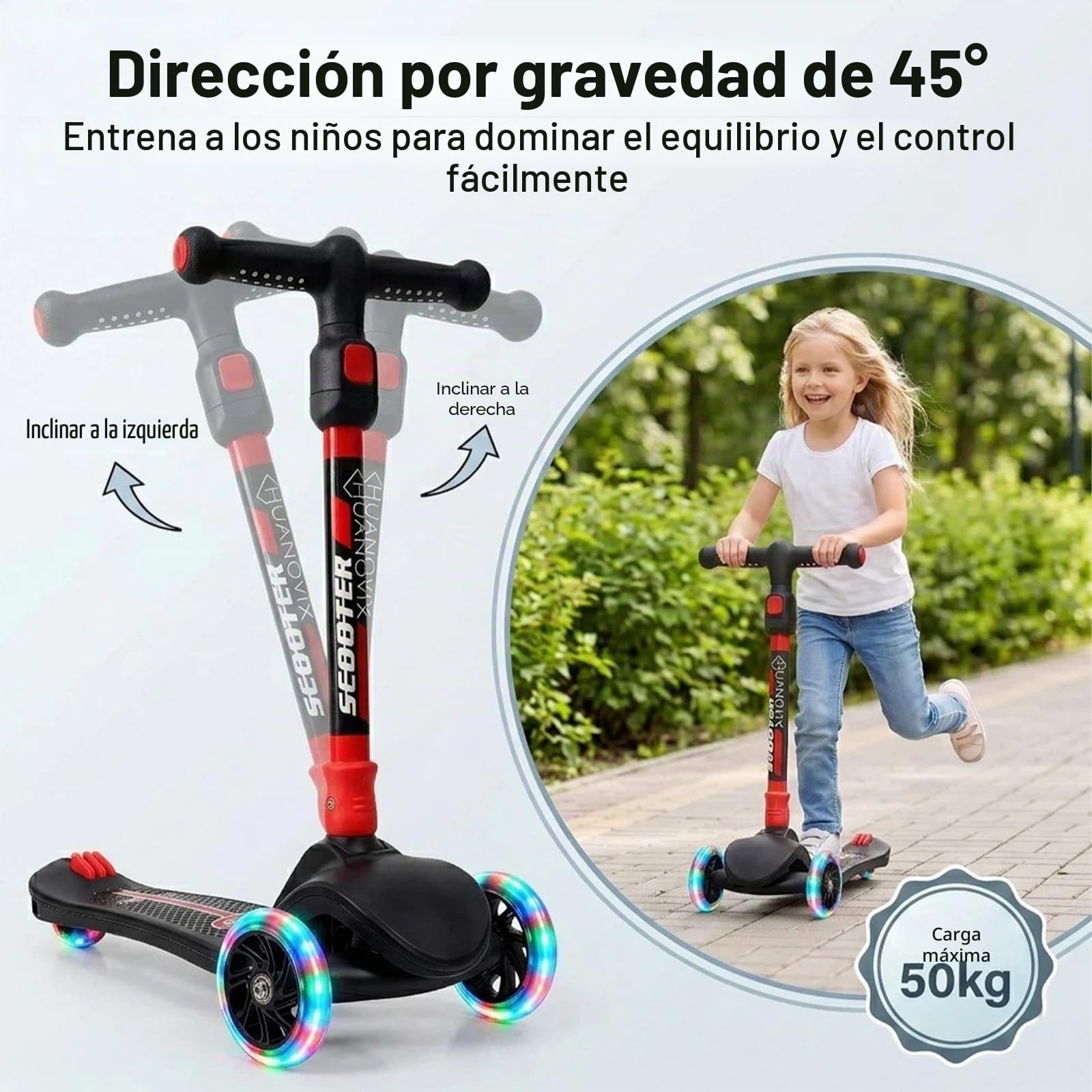 Patinete infantil plegable con intermitentes, altura ajustable, tabla ancha y con freno, patinete plegable para niños y niñas a partir de 3 años