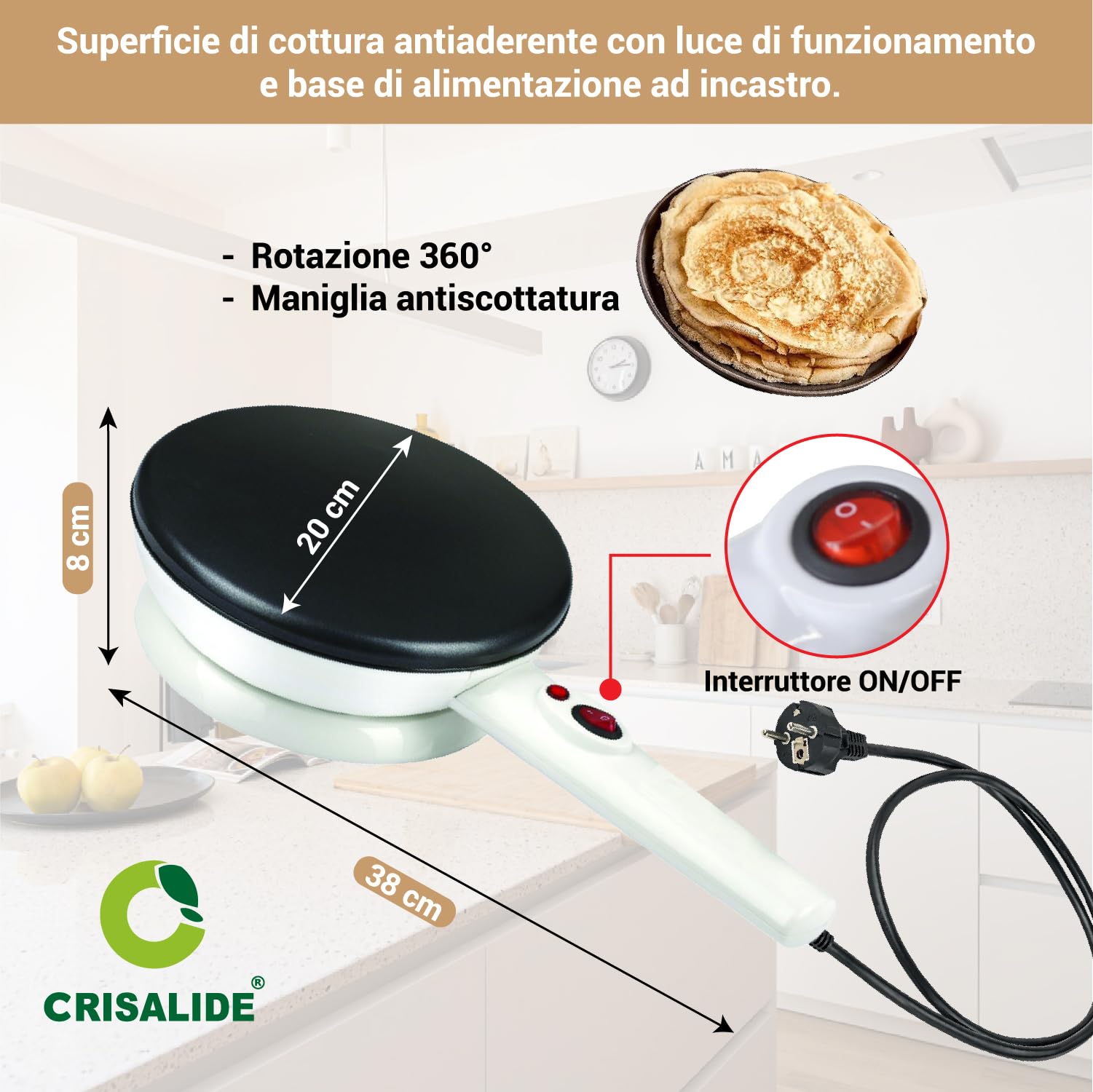 CRISALIDE® Crepiera Elettrica Cordless 800W – Macchina per Crêpes Antiaderente Ø20 cm con Rotazione 360°, Ciotola per Impasto Inclusa, Manico Antiscottatura e Interruttore ON/OFF