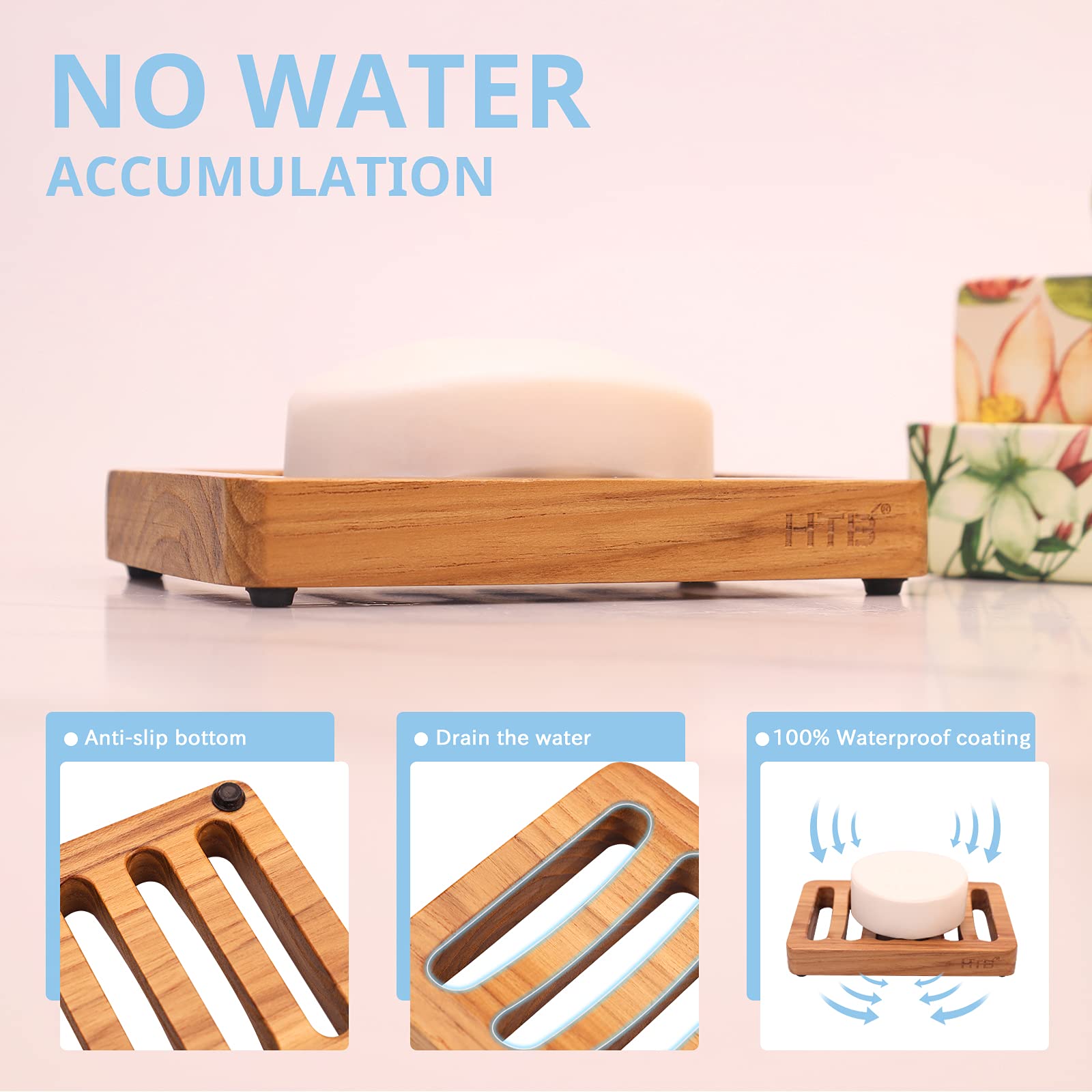 Slotted Bar Soap Holder Teak Wood 2pcs by HTB, Kitchen Wooden Sponge Holder, Self Draining Soap Dish for Shower Sink - Image 3