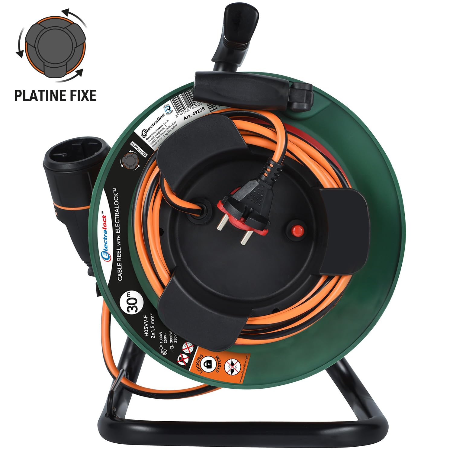 Electraline 49238 Przedłużacz przedłużający Jardín ze stałym platynowym nawijaczem 30M 2x1,5 mm z europejską wtyczką Electralock wyposażoną w system blokowania, który zapobiega odłączeniu wtyczki i